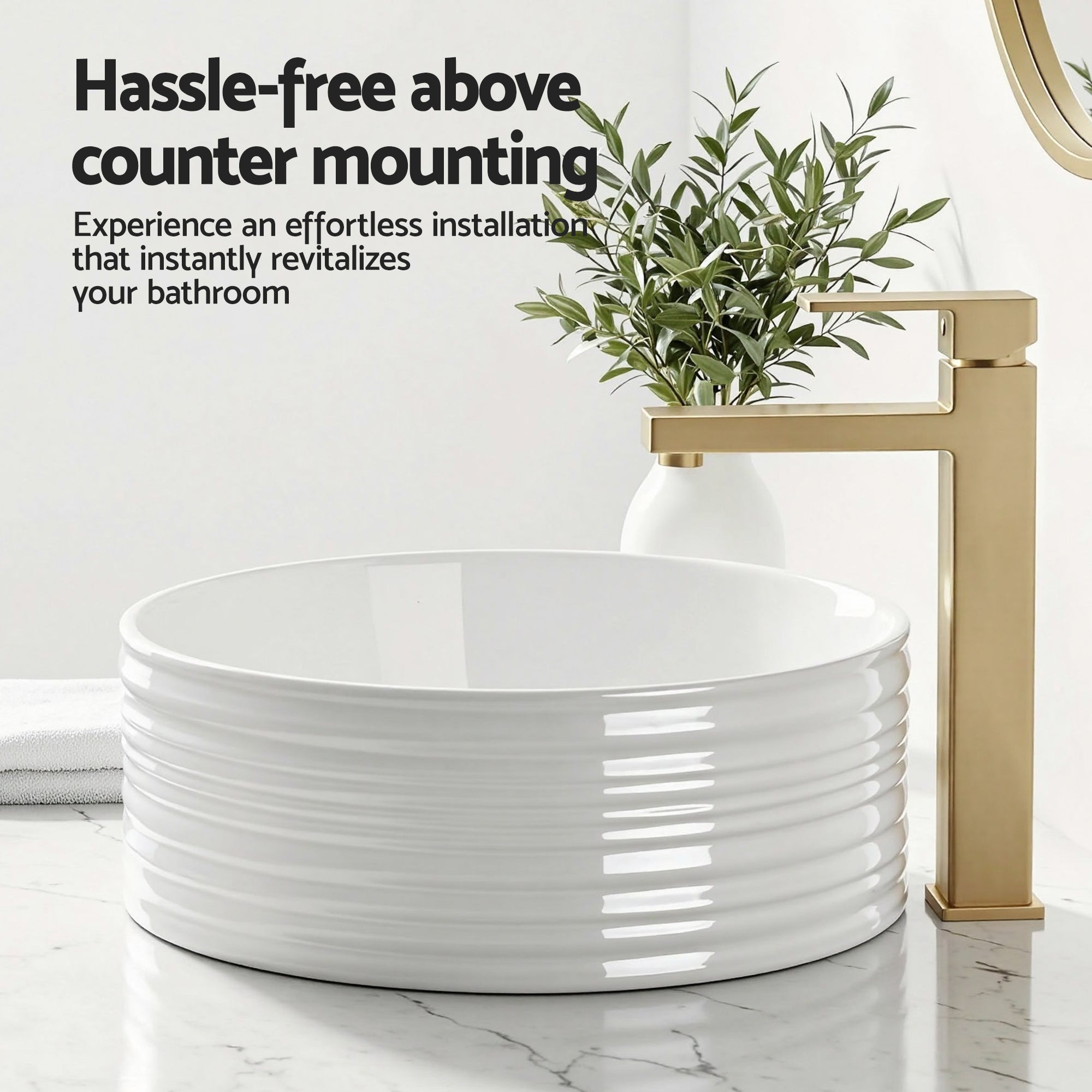 Sinks: Cefito Bathroom Basin Vanity Sink Vessel Ceramic White Round Countertop 36cm