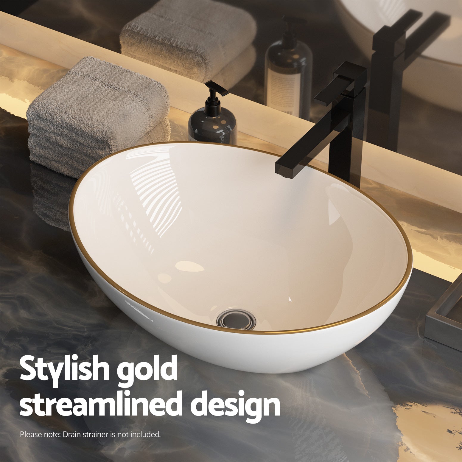 Sinks: Cefito Bathroom Basin Ceramic Vanity Sink Hand Wash Bowl Gold Line 41x34cm