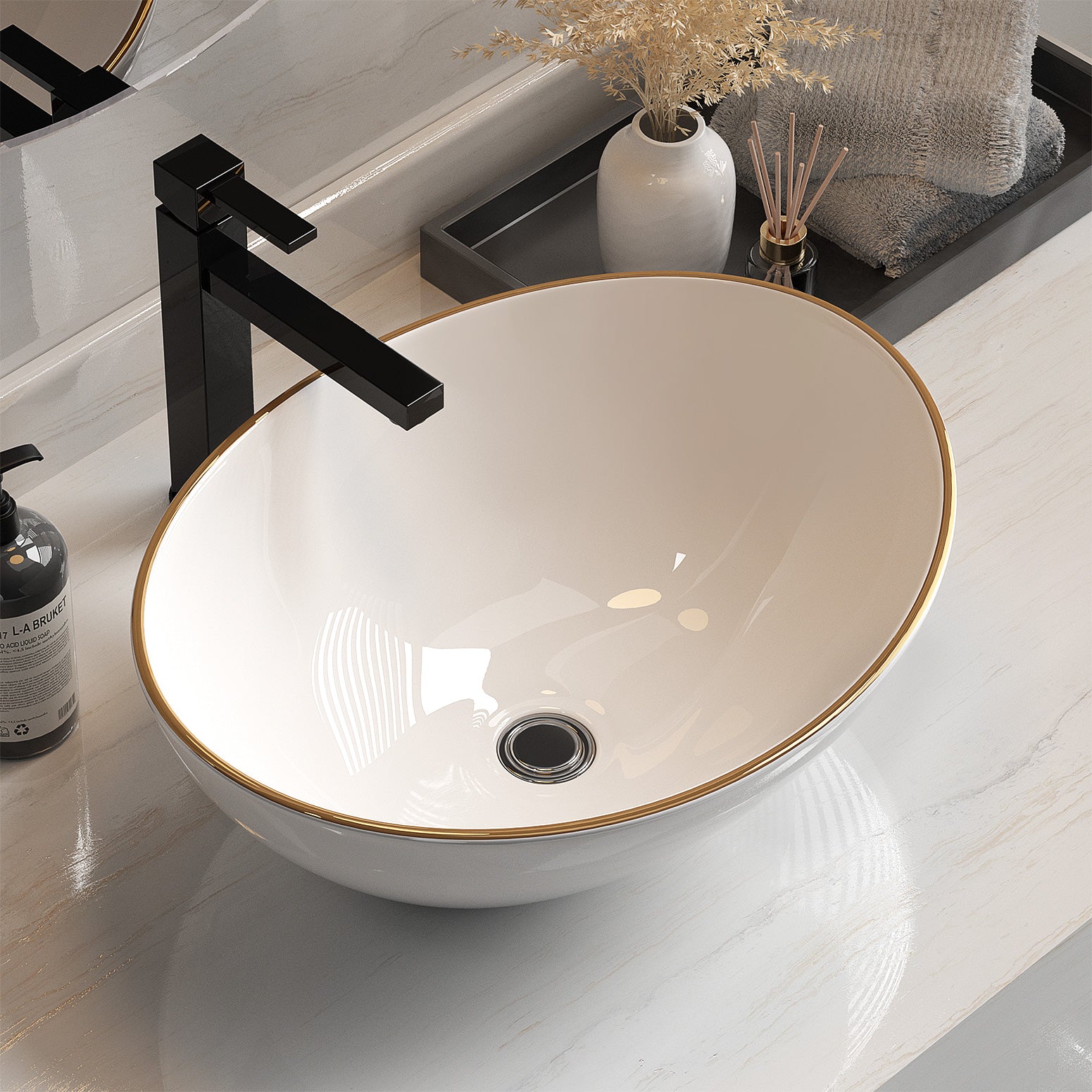 Sinks: Cefito Bathroom Basin Ceramic Vanity Sink Hand Wash Bowl Gold Line 41x34cm