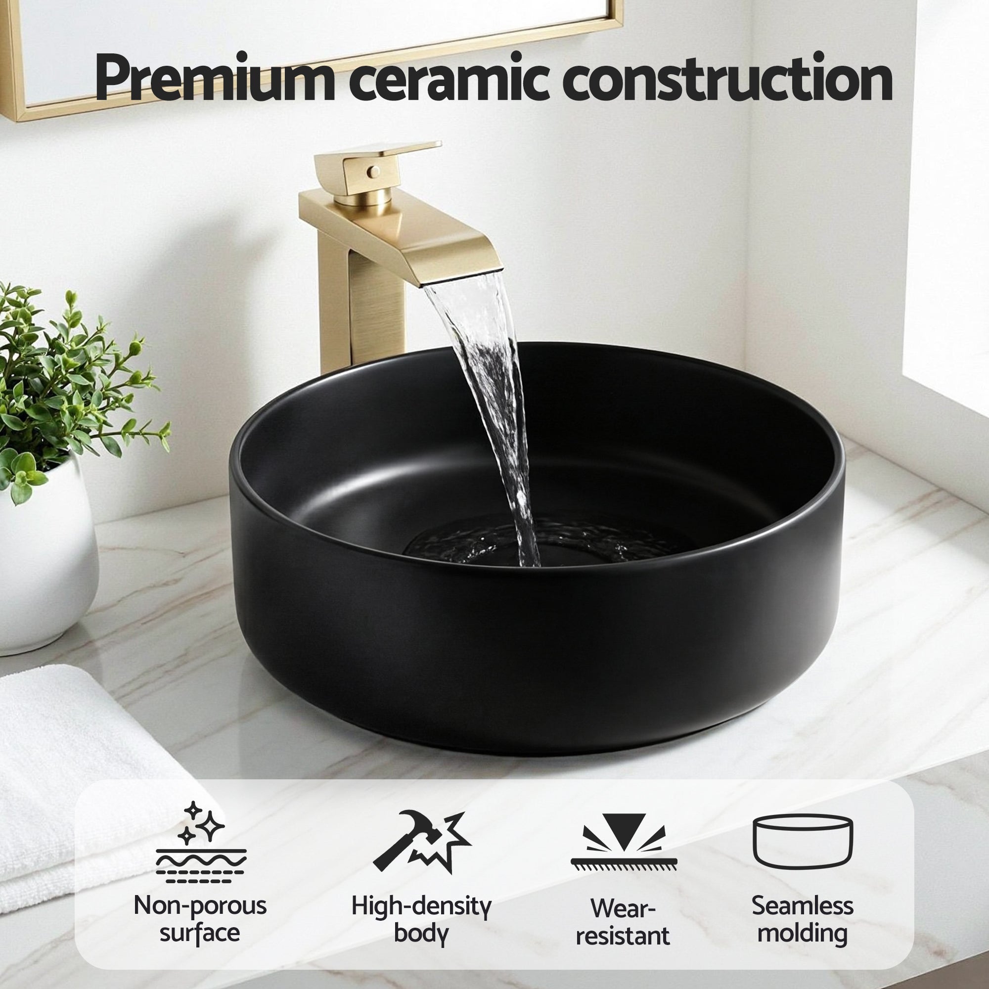 Sinks: Cefito Bathroom Basin Ceramic Vanity Sink Vessel Bowl Wash Matte Black Round Countertop