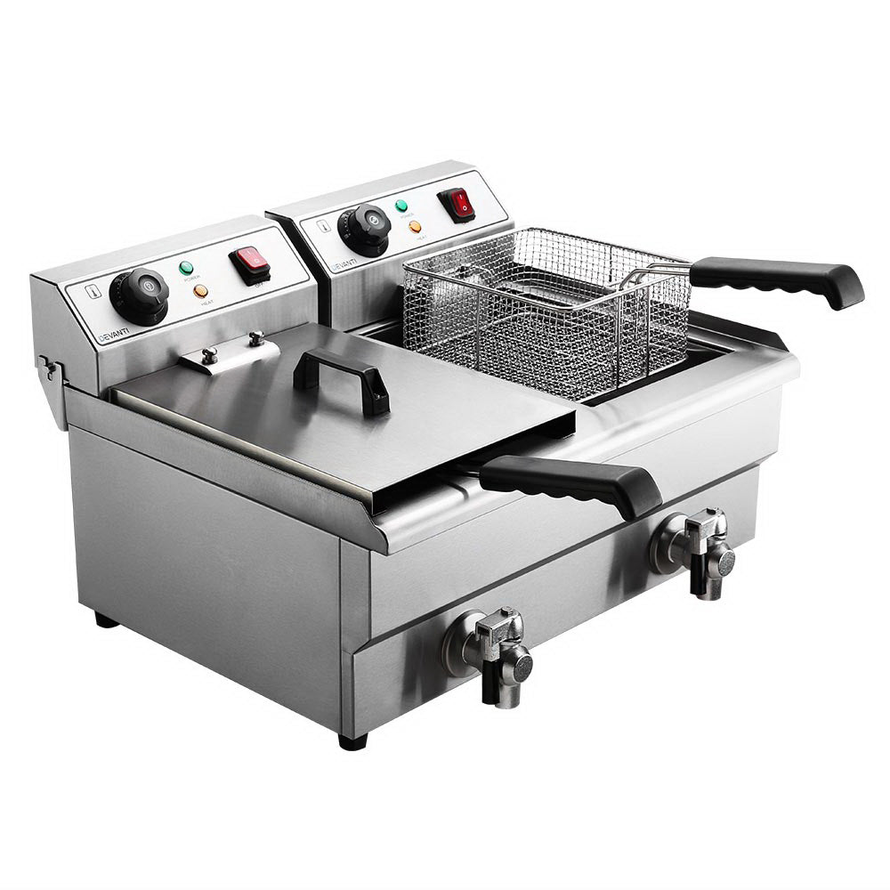 Deep Fryers: Devanti 20L Electric Commercial Deep Fryer Double Baskets Oil Taps 6000W