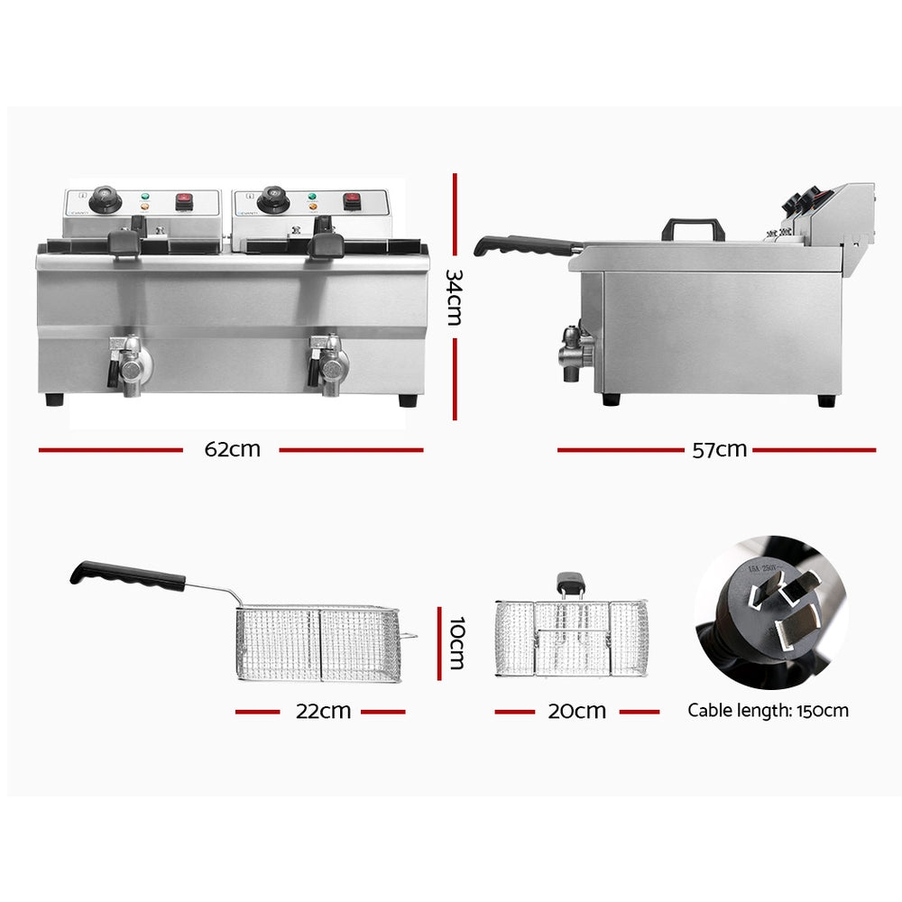Deep Fryers: Devanti 20L Electric Commercial Deep Fryer Double Baskets Oil Taps 6000W