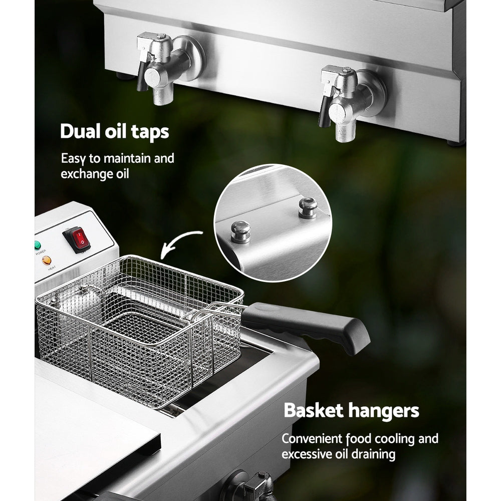 Deep Fryers: Devanti 20L Electric Commercial Deep Fryer Double Baskets Oil Taps 6000W