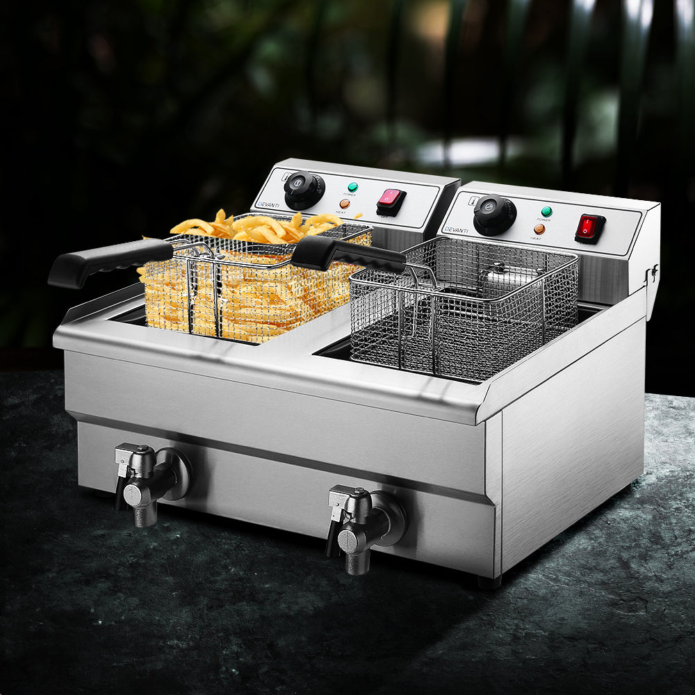 Deep Fryers: Devanti 20L Electric Commercial Deep Fryer Double Baskets Oil Taps 6000W