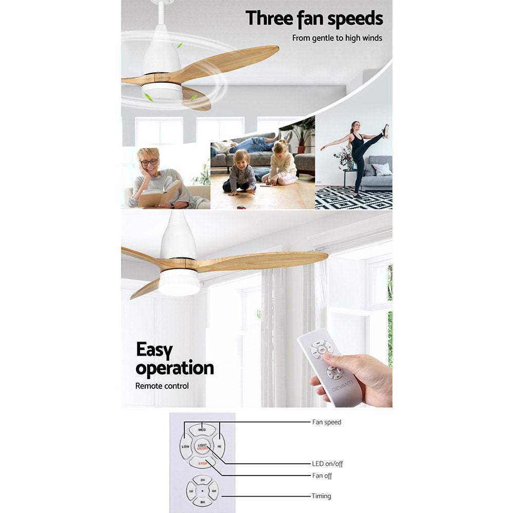 Ceiling Fans: Devanti 52'' Ceiling Fan AC Motor w/Light w/Remote - Light Wood
