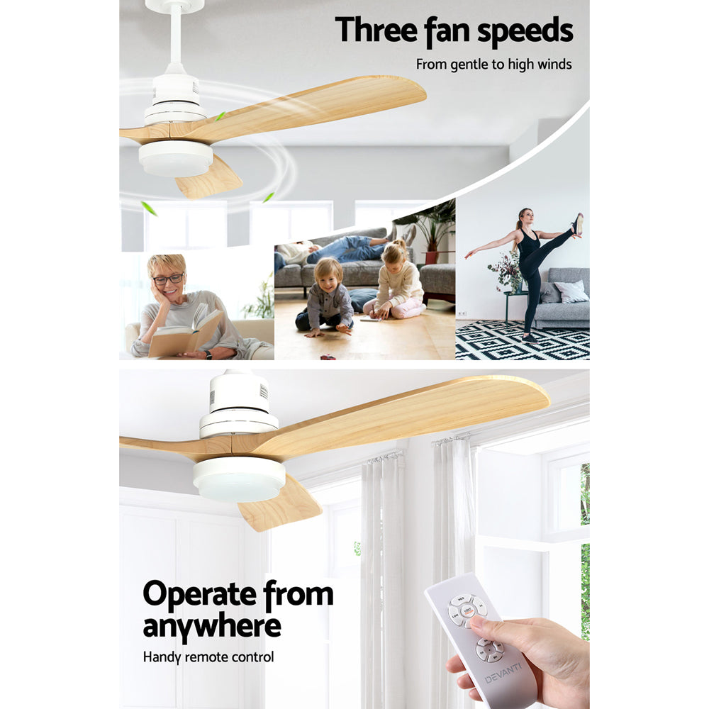 Ceiling Fans: Devanti 52'' Ceiling Fan DC Motor LED Light Remote - Light Wood