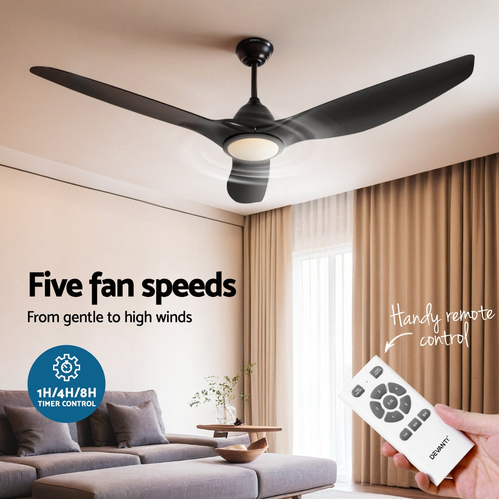 Ceiling Fans: Devanti 64 Inch Ceiling Fan DC Motor w/Light w/Remote - Black