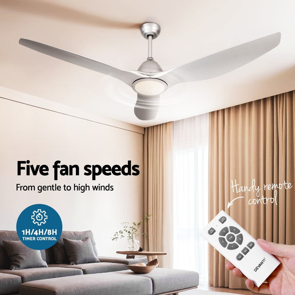 Ceiling Fans: Devanti 64 Inch Ceiling Fan DC Motor w/Light w/Remote - Silver