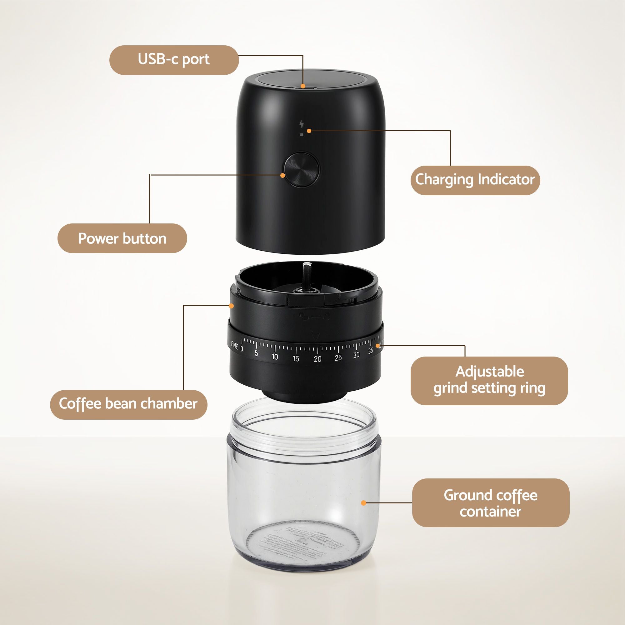Devanti Electric Coffee Grinder USB-C Rechargeable Portable Coffee Bean Grinder with 40 Precise Grind Settings | Automatic Spice Nut Pepper Grinder Mill with Cleaning Brush & Ground Coffee Container for Home Office Camping Travel, Black