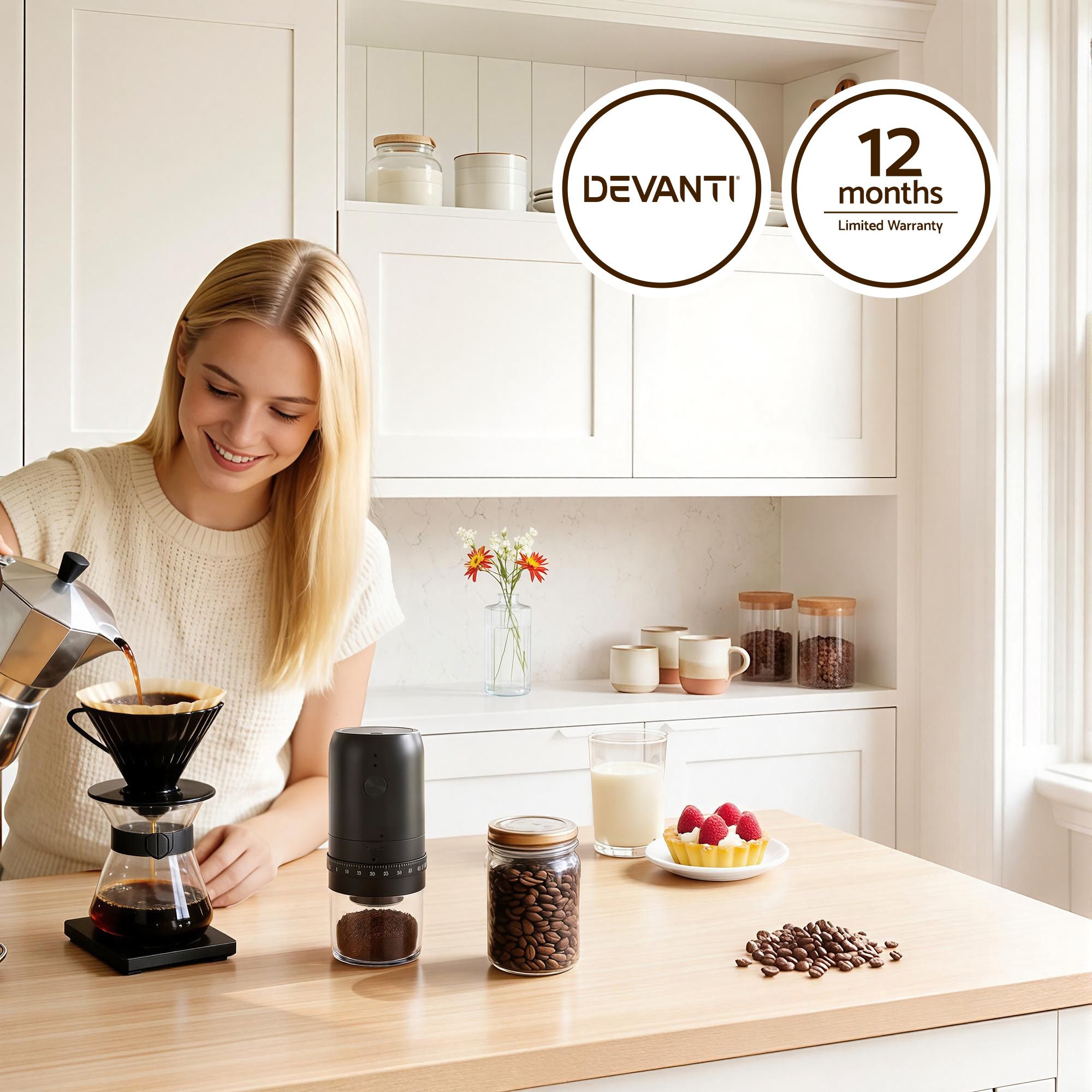 Devanti Electric Coffee Grinder USB-C Rechargeable Portable Coffee Bean Grinder with 40 Precise Grind Settings | Automatic Spice Nut Pepper Grinder Mill with Cleaning Brush & Ground Coffee Container for Home Office Camping Travel, Black