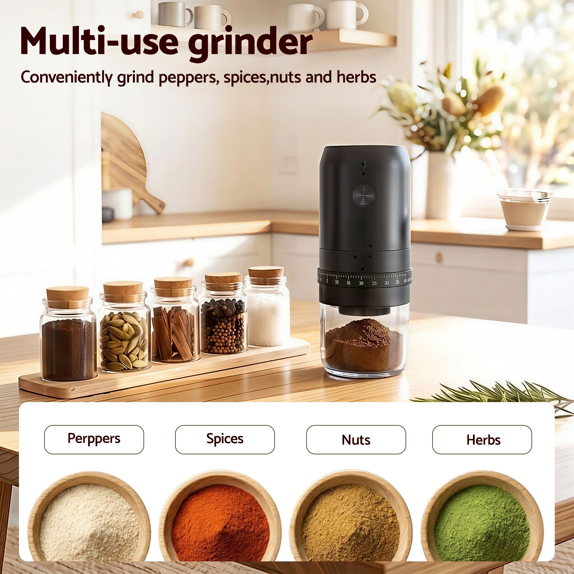 Devanti Electric Coffee Grinder USB-C Rechargeable Portable Coffee Bean Grinder with 40 Precise Grind Settings | Automatic Spice Nut Pepper Grinder Mill with Cleaning Brush & Ground Coffee Container for Home Office Camping Travel, Black