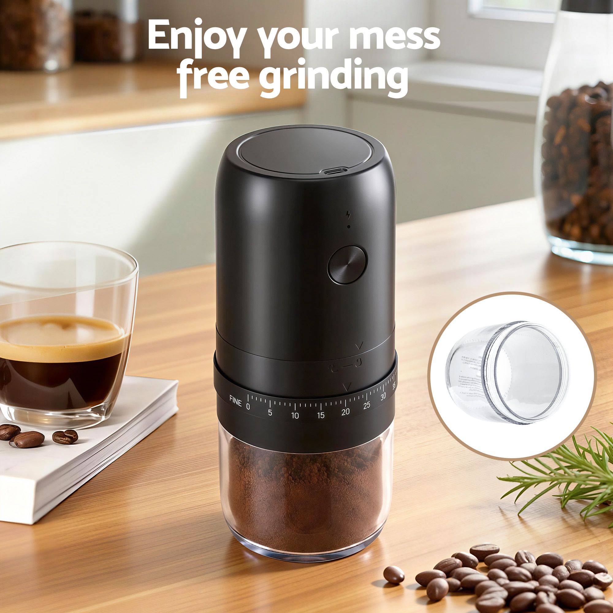 Devanti Electric Coffee Grinder USB-C Rechargeable Portable Coffee Bean Grinder with 40 Precise Grind Settings | Automatic Spice Nut Pepper Grinder Mill with Cleaning Brush & Ground Coffee Container for Home Office Camping Travel, Black