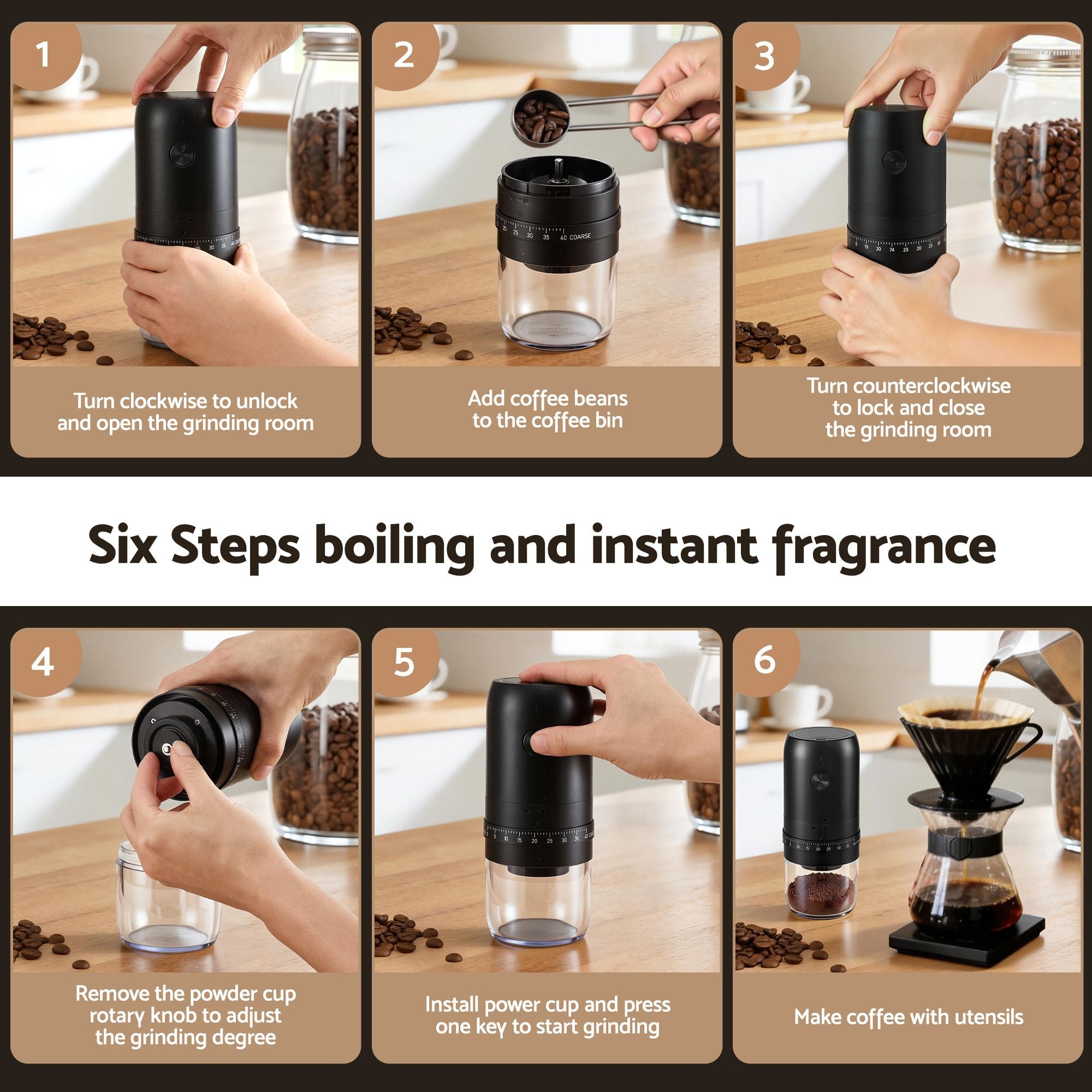 Devanti Electric Coffee Grinder USB-C Rechargeable Portable Coffee Bean Grinder with 40 Precise Grind Settings | Automatic Spice Nut Pepper Grinder Mill with Cleaning Brush & Ground Coffee Container for Home Office Camping Travel, Black