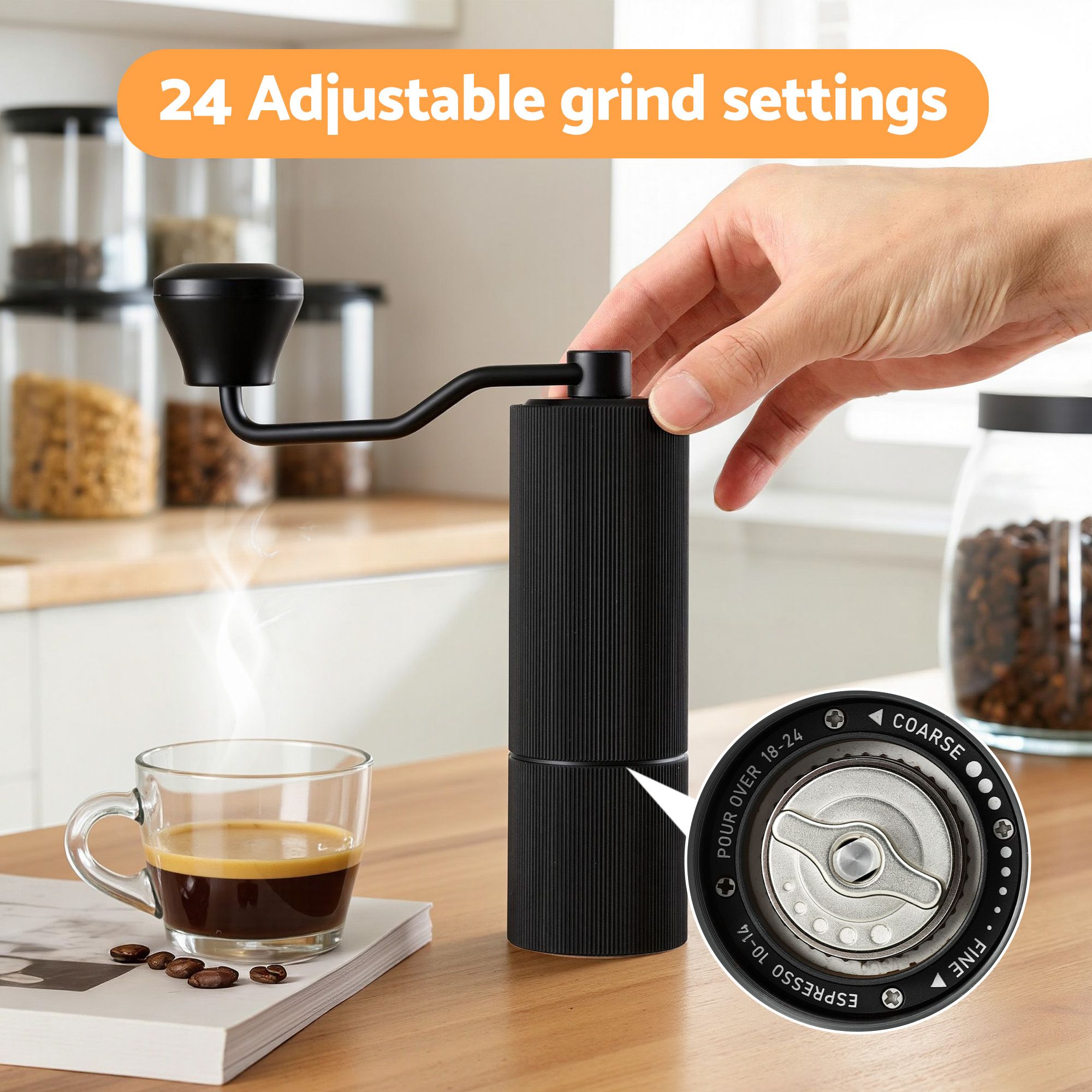 Devanti Manual Coffee Grinder with 24 Adjustable Settings | Hand Coffee Bean Burr Mill for Espresso French Press | Portable Stainless Steel Quiet Grinder with Storage Bag for Travel Camping, Black