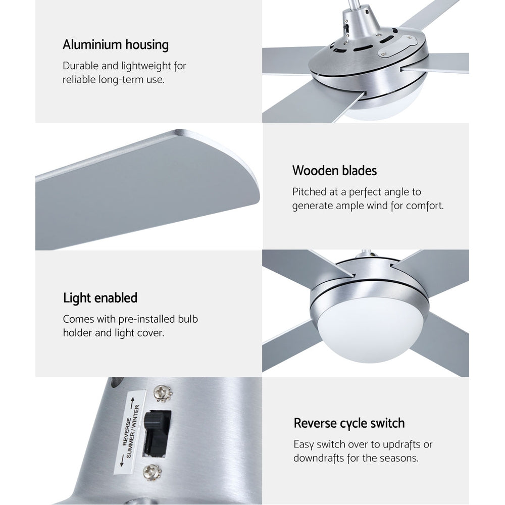 Ceiling Fans: Devanti 52'' Ceiling Fan DC Motor w/Light w/Remote - Silver