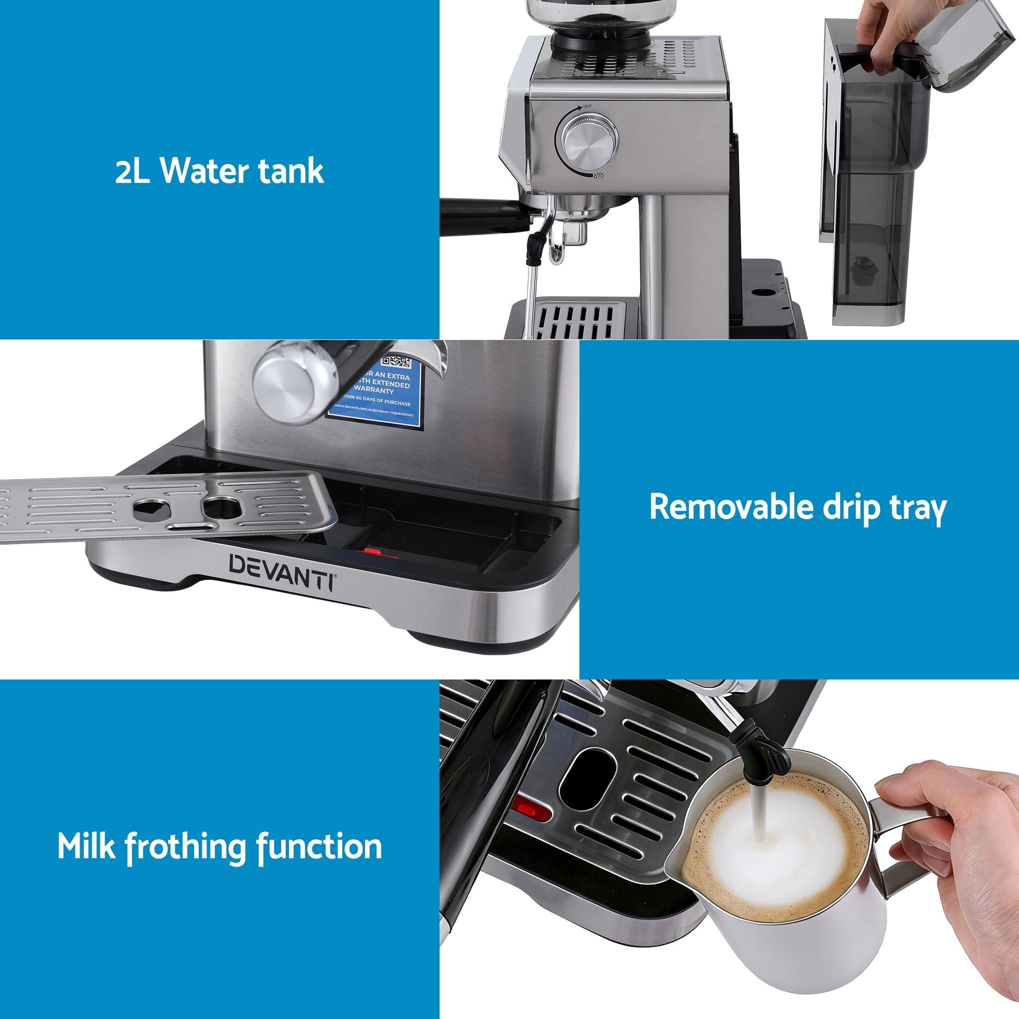 Devanti Coffee Machine Espresso Latte Maker with Grinder Milk Frother Steam Wand