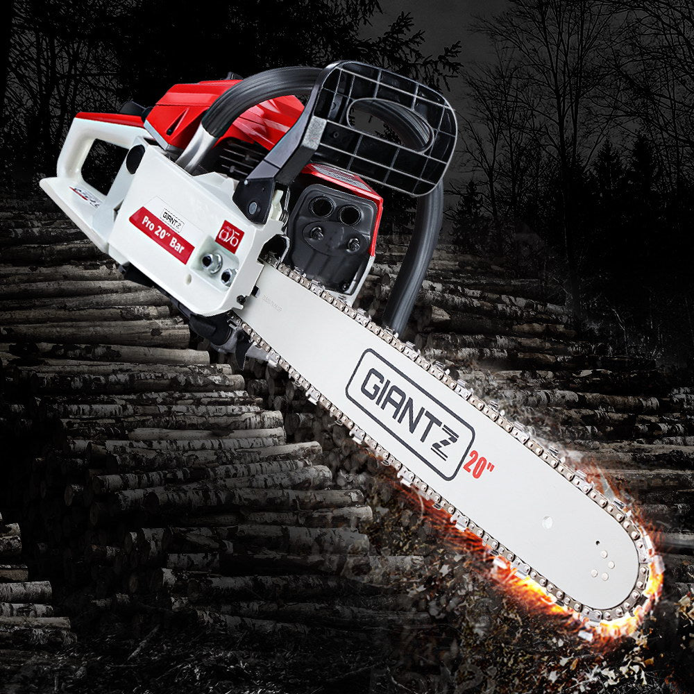Chainsaws: Giantz Chainsaw Petrol 58CC 20" Bar Commercial E-Start Pruning Chain Saw White