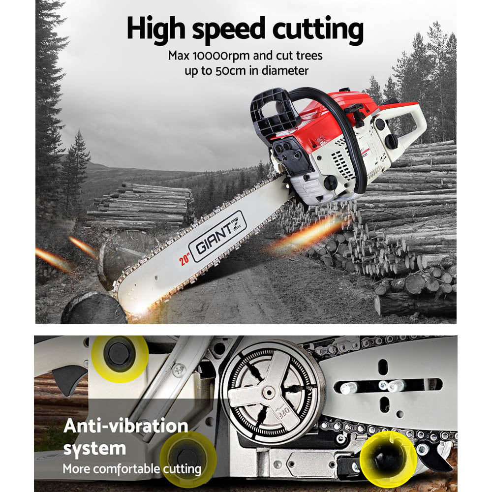 Chainsaws: Giantz Chainsaw Petrol 58CC 20" Bar Commercial E-Start Pruning Chain Saw White