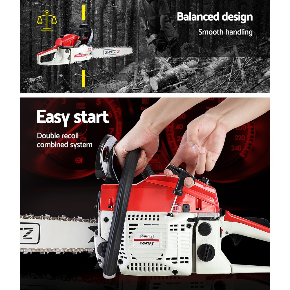 Chainsaws: Giantz Chainsaw Petrol 58CC 20" Bar Commercial E-Start Pruning Chain Saw White