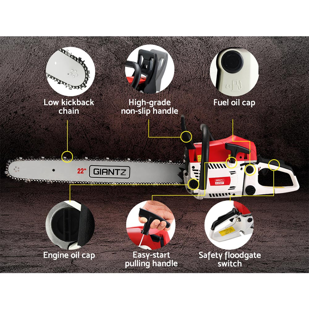 Chainsaws: Giantz Chainsaw Petrol 62CC 22" Bar Commercial E-Start Pruning Chain Saw