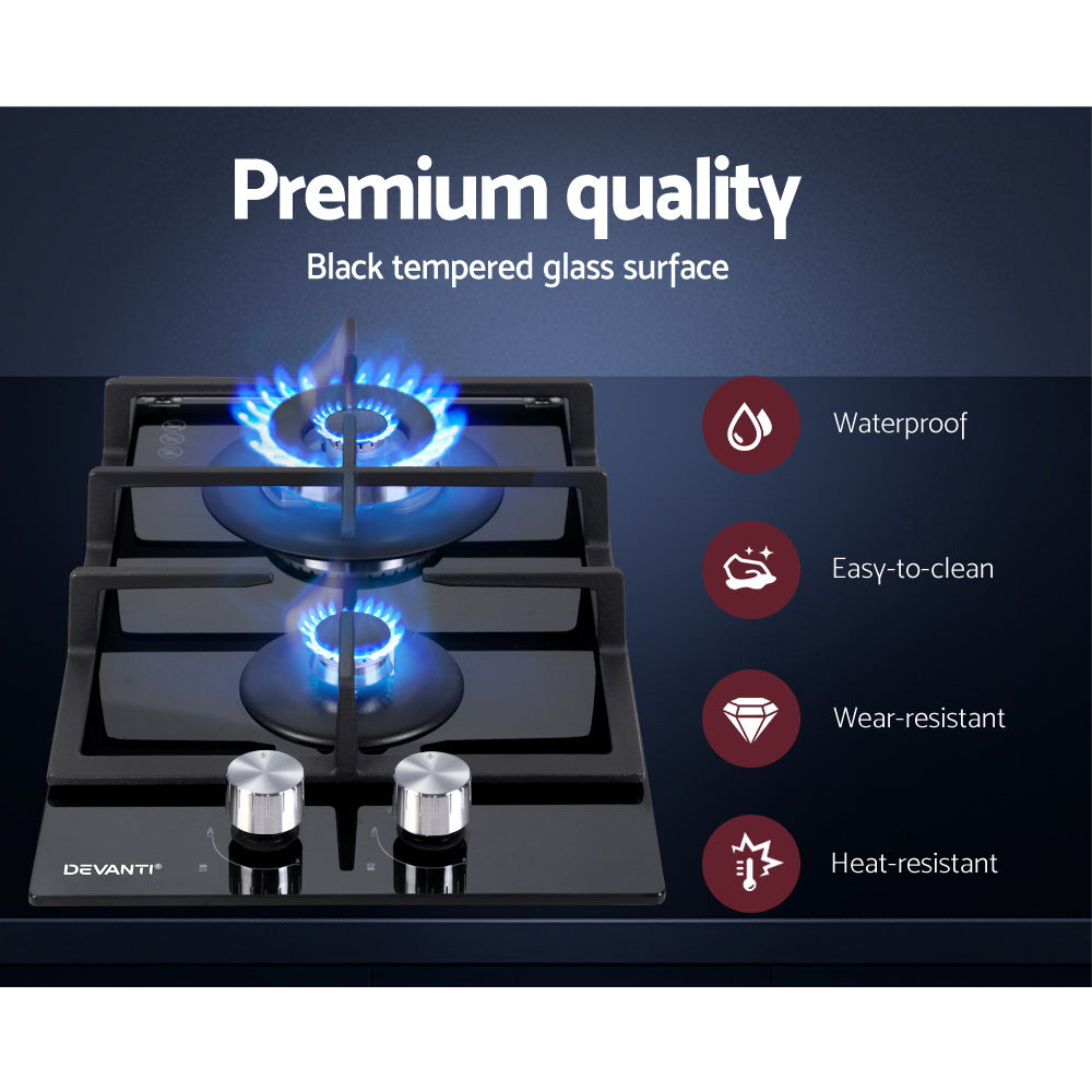 Cooktops & Stoves: Devanti Gas Cooktop 30cm 2 Burner Black