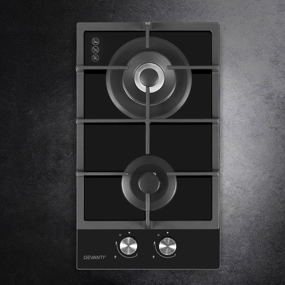 Cooktops & Stoves: Devanti Gas Cooktop 30cm 2 Burner Black