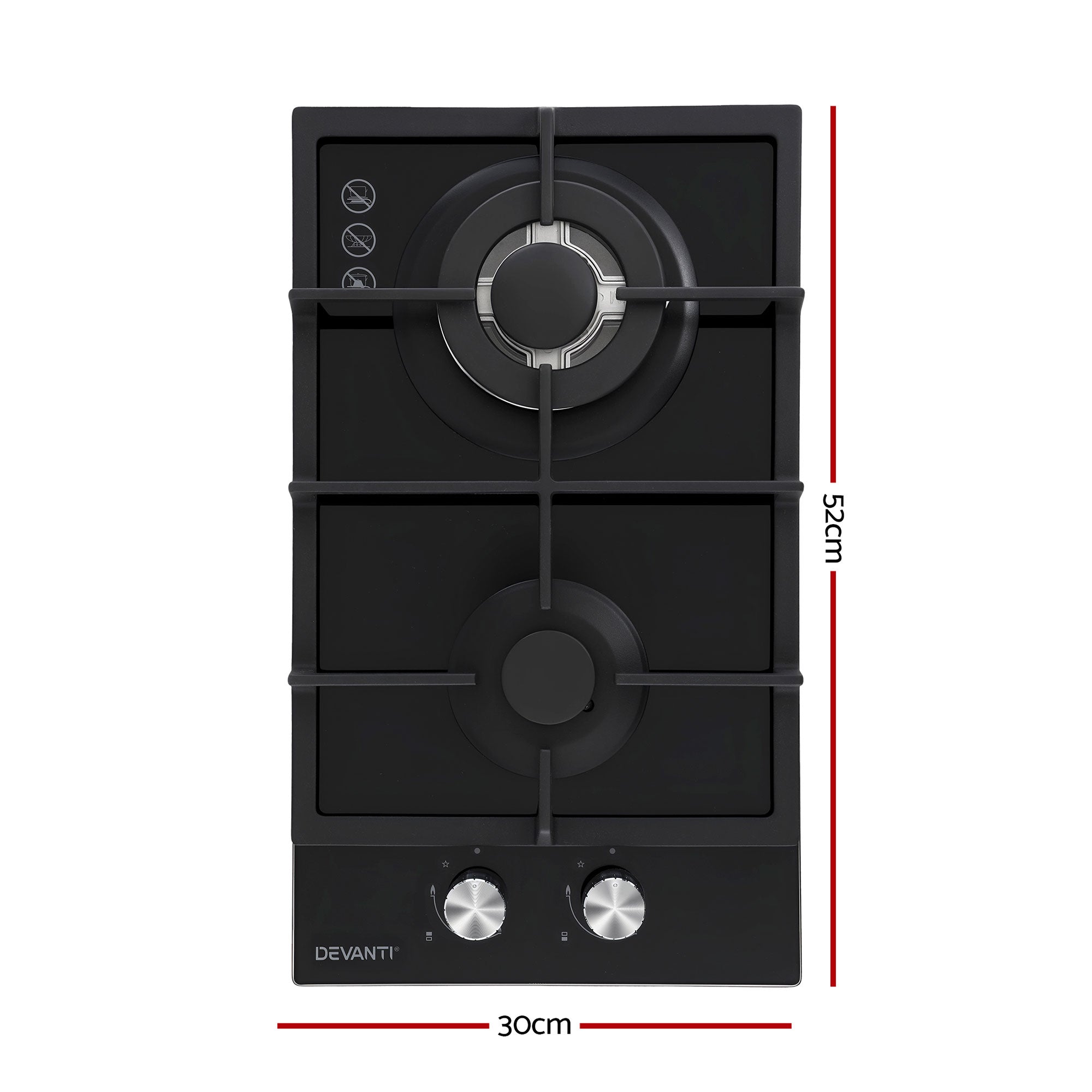 Cooktops & Stoves: Devanti Gas Cooktop 30cm 2 Burner Built-in Stove Glass Cook Top NG LPG Wok Burner