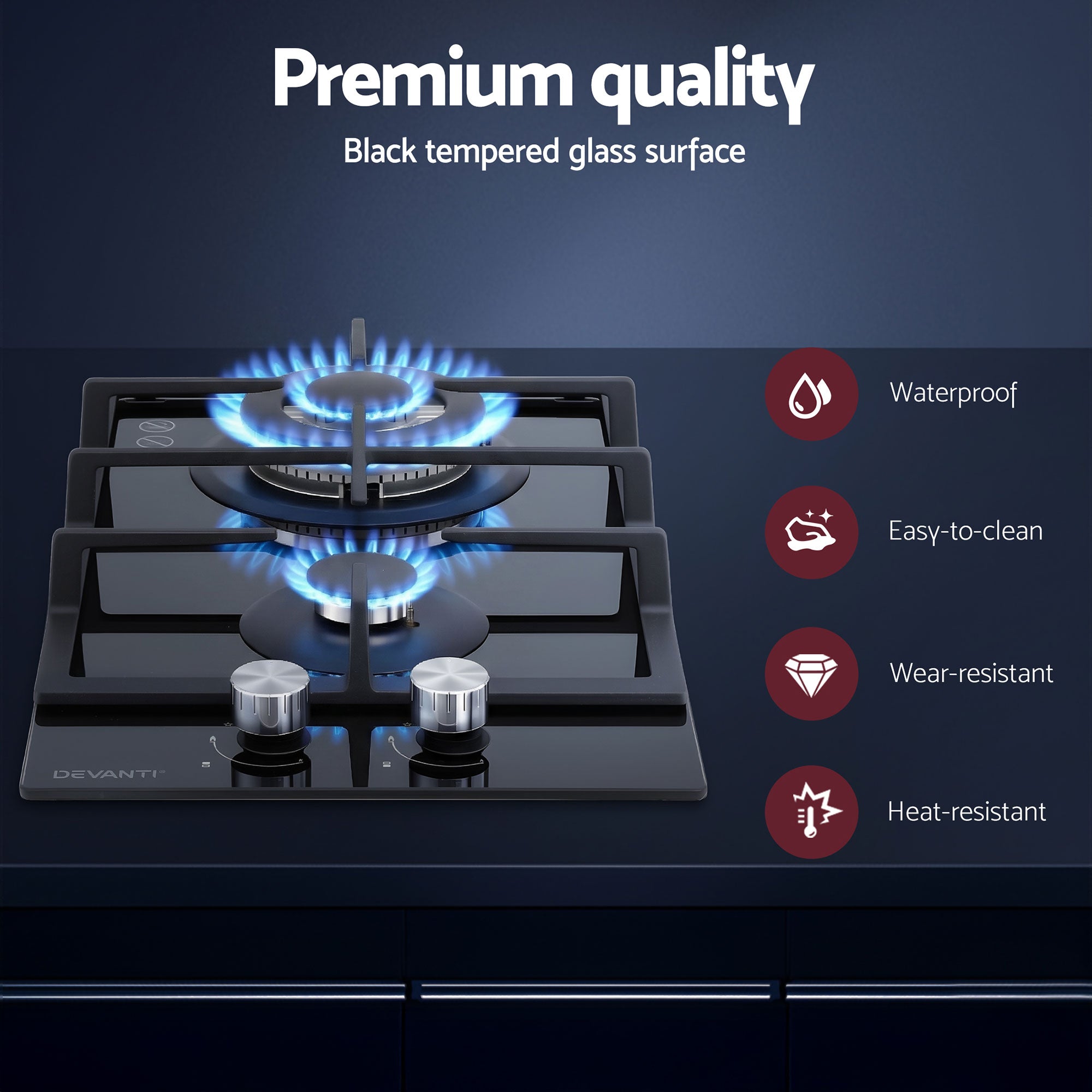 Cooktops & Stoves: Devanti Gas Cooktop 30cm 2 Burner Built-in Stove Glass Cook Top NG LPG Wok Burner
