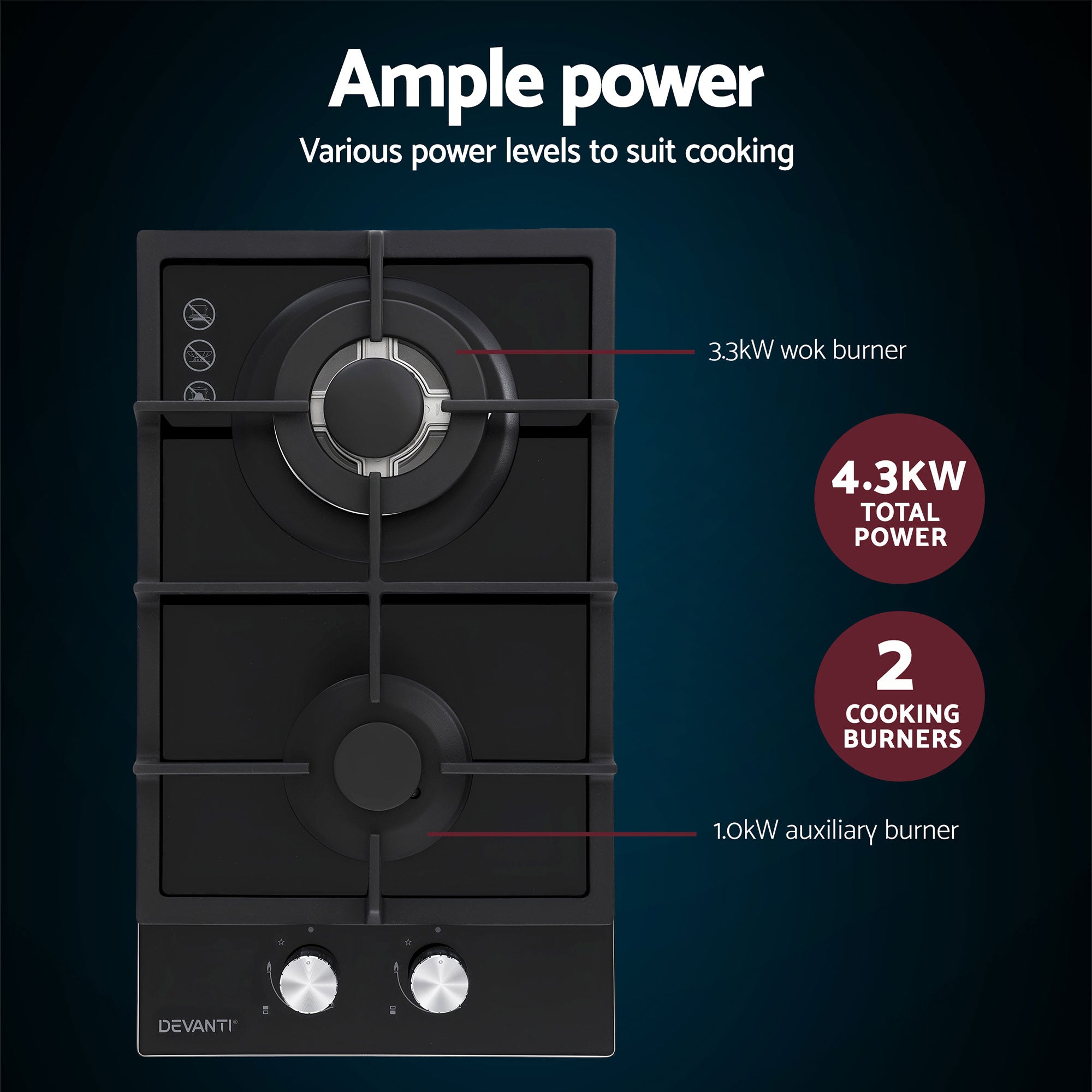 Cooktops & Stoves: Devanti Gas Cooktop 30cm 2 Burner Built-in Stove Glass Cook Top NG LPG Wok Burner