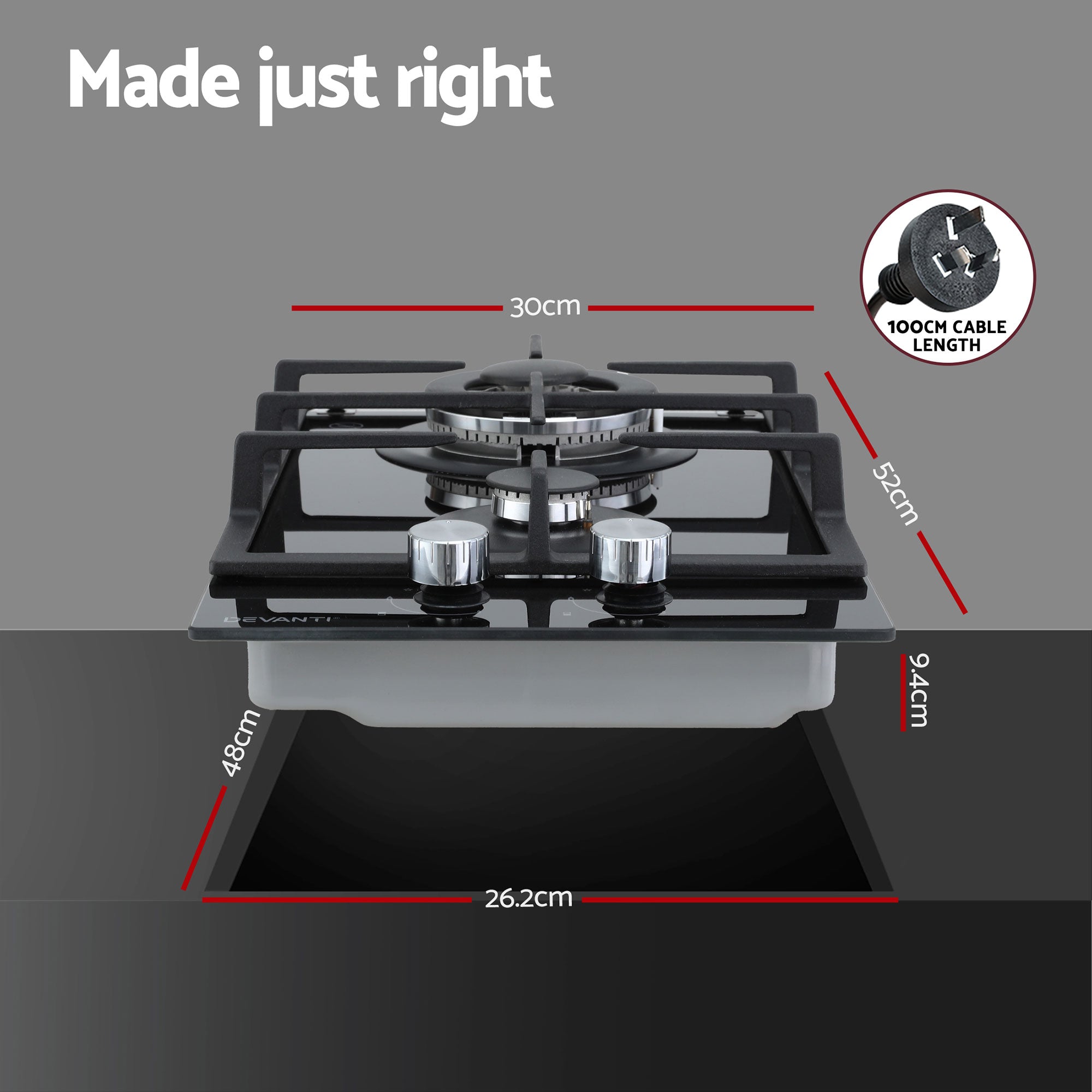 Cooktops & Stoves: Devanti Gas Cooktop 30cm 2 Burner Built-in Stove Glass Cook Top NG LPG Wok Burner