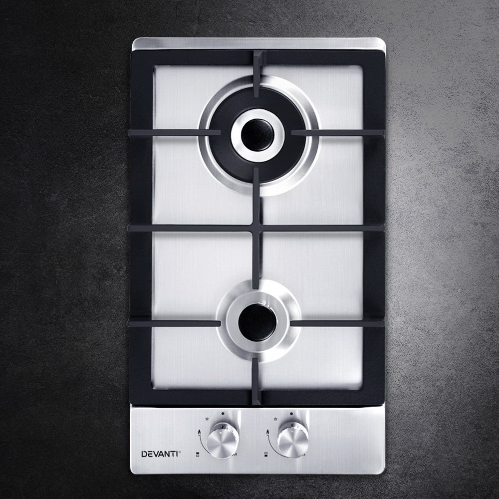 Cooktops & Stoves: Devanti Gas Cooktop 30cm 2 Burner Silvir