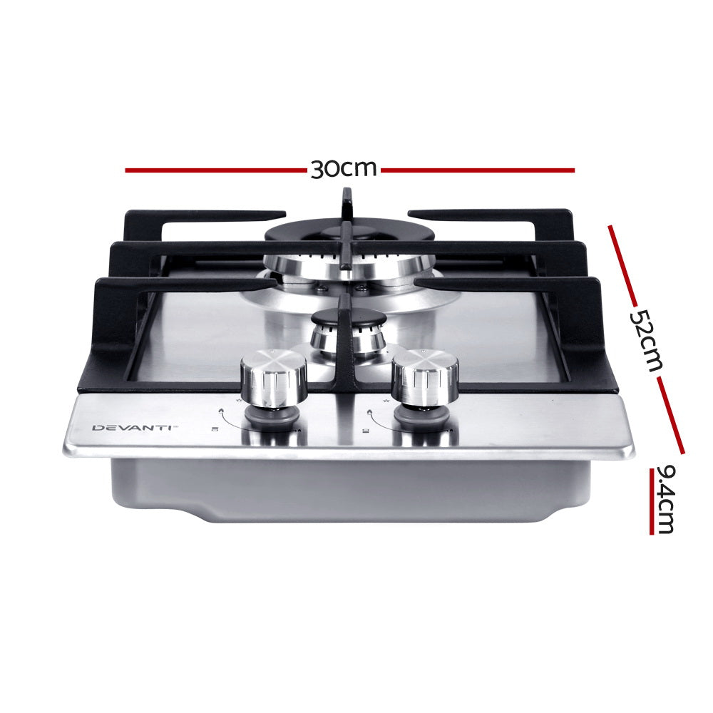 Cooktops & Stoves: Devanti Gas Cooktop 30cm 2 Burner Silvir