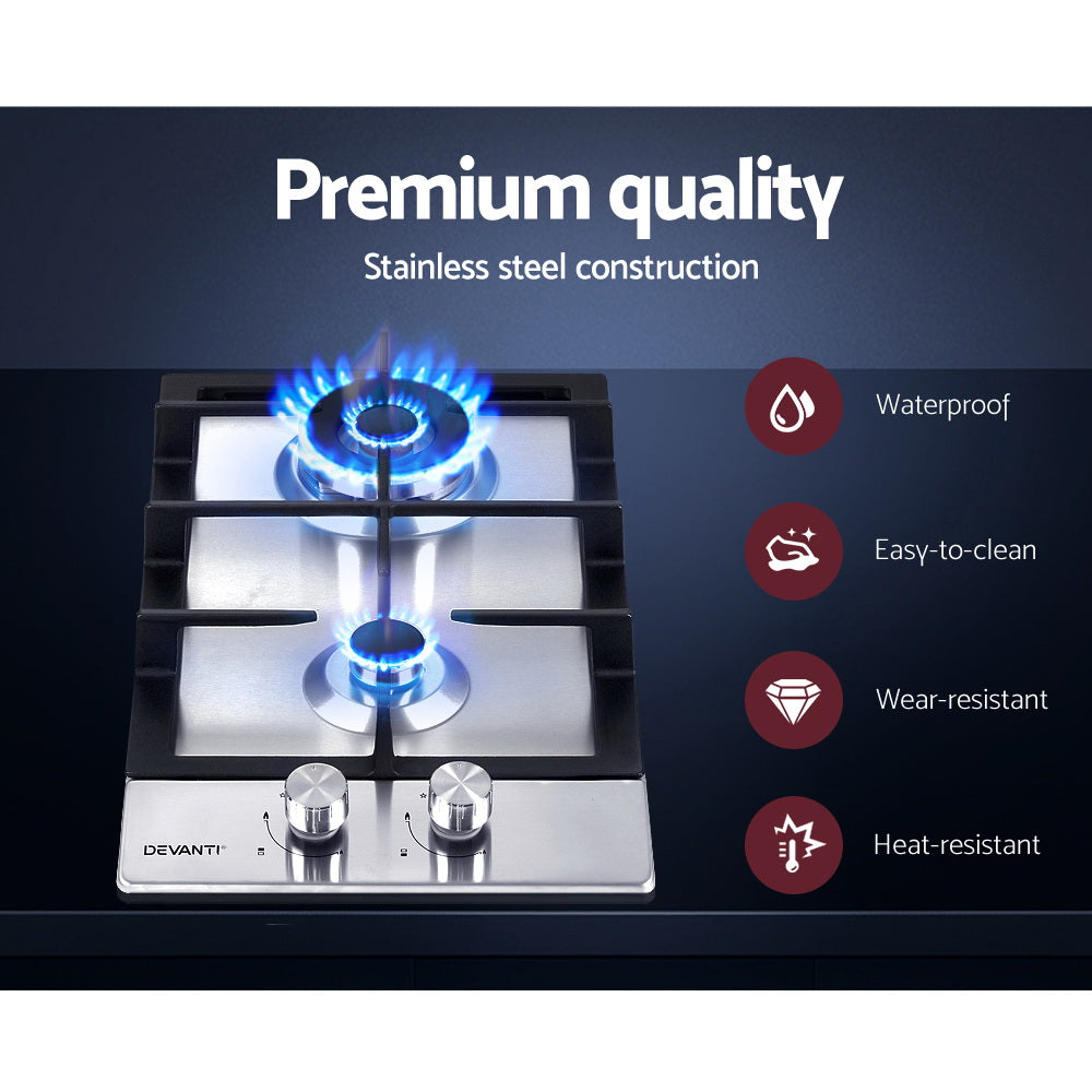 Cooktops & Stoves: Devanti Gas Cooktop 30cm 2 Burner Silvir