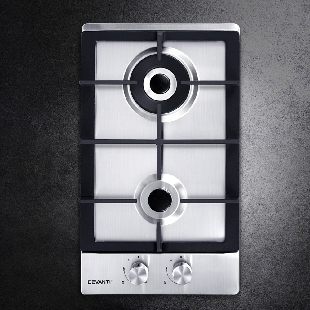 Cooktops & Stoves: Devanti Gas Cooktop 30cm 2 Burner Silvir