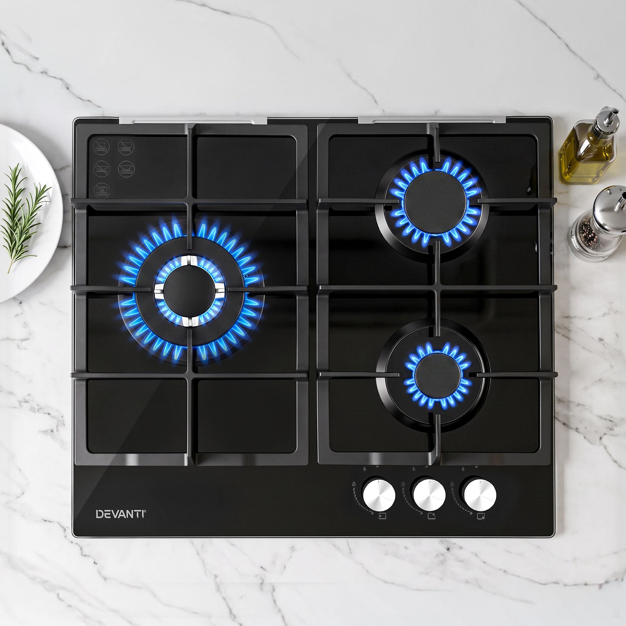 Devanti 59cm Gas Cooktop 3 Burner Knob Control Glass Hob Cast Iron Black