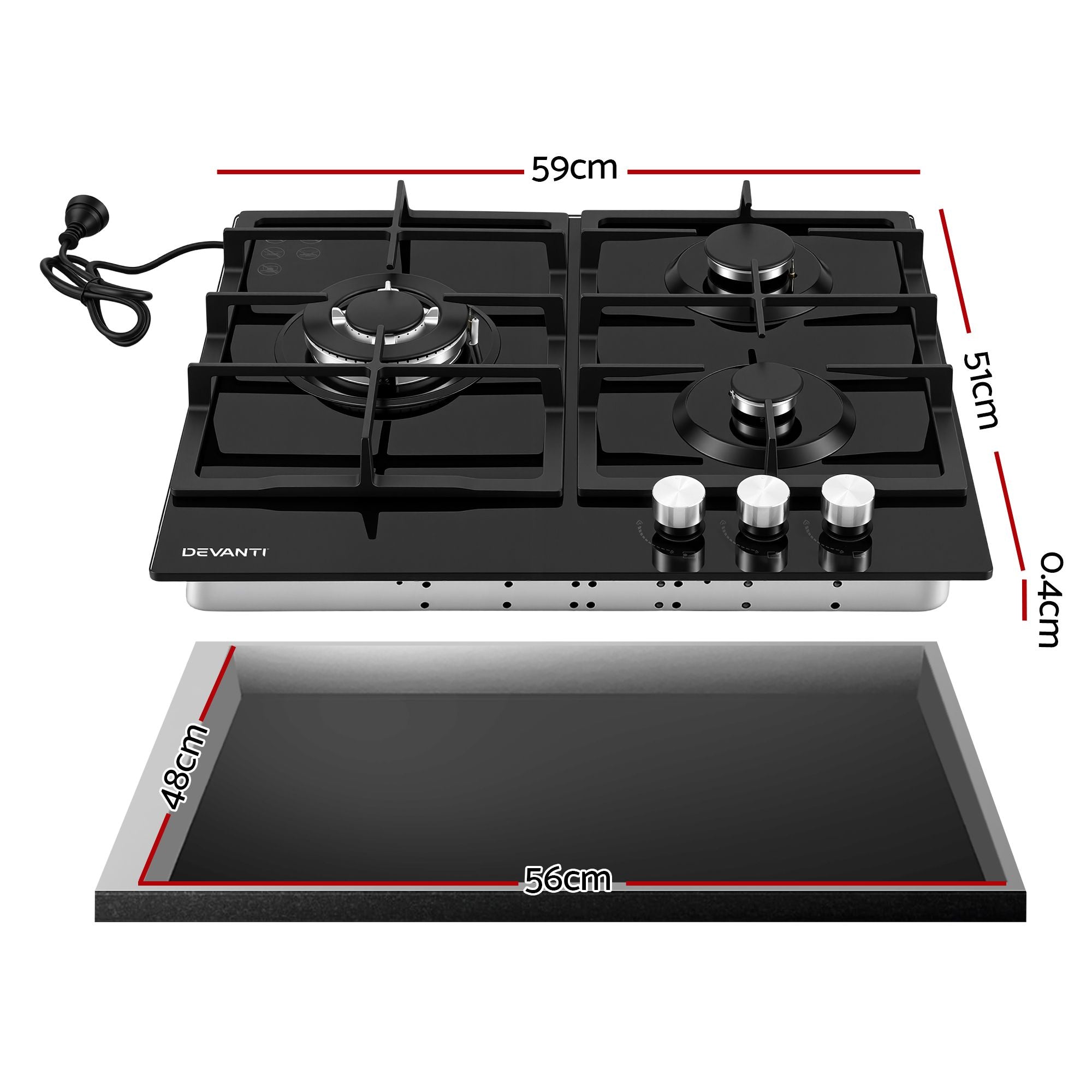 Devanti 59cm Gas Cooktop 3 Burner Knob Control Glass Hob Cast Iron Black