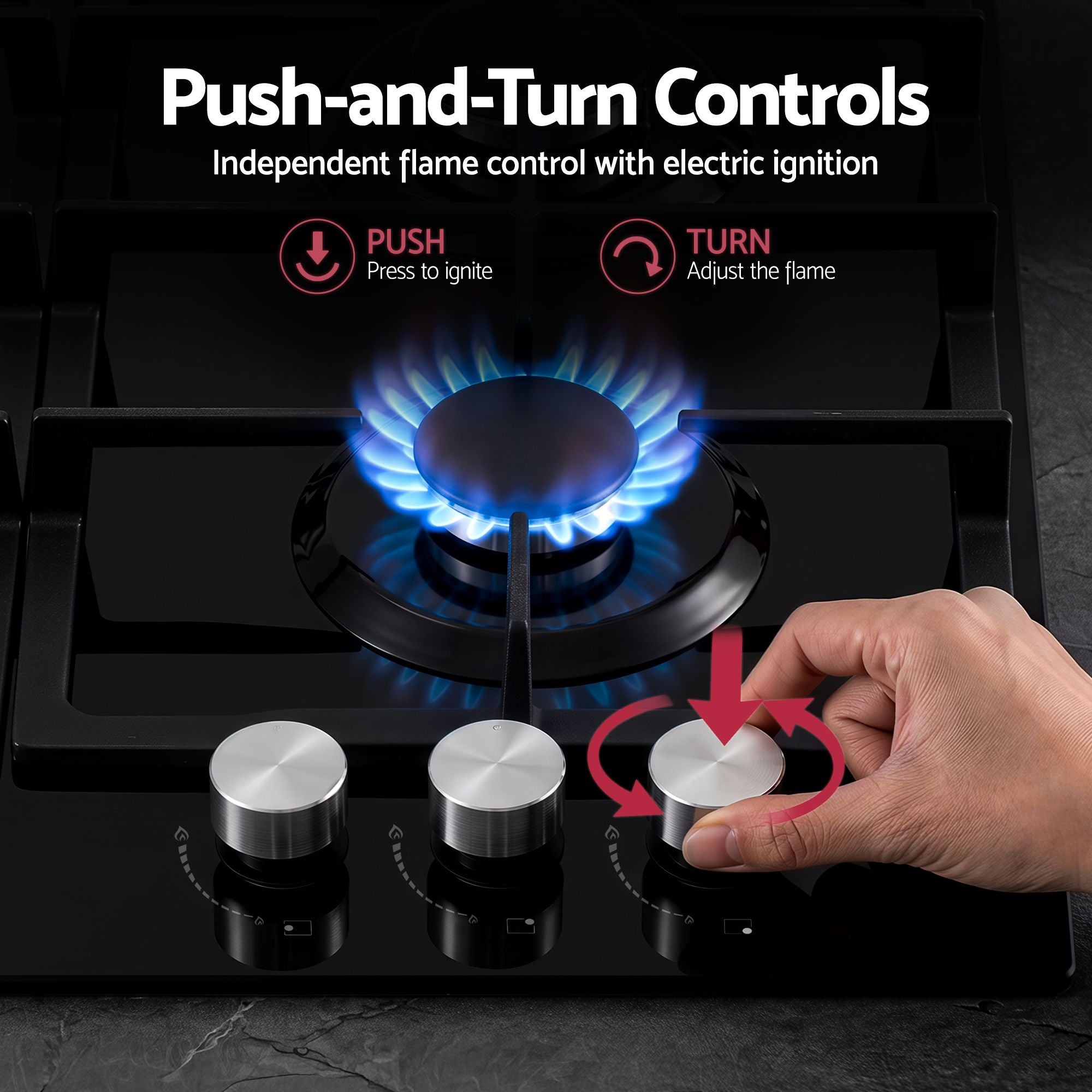 Devanti 59cm Gas Cooktop 3 Burner Knob Control Glass Hob Cast Iron Black