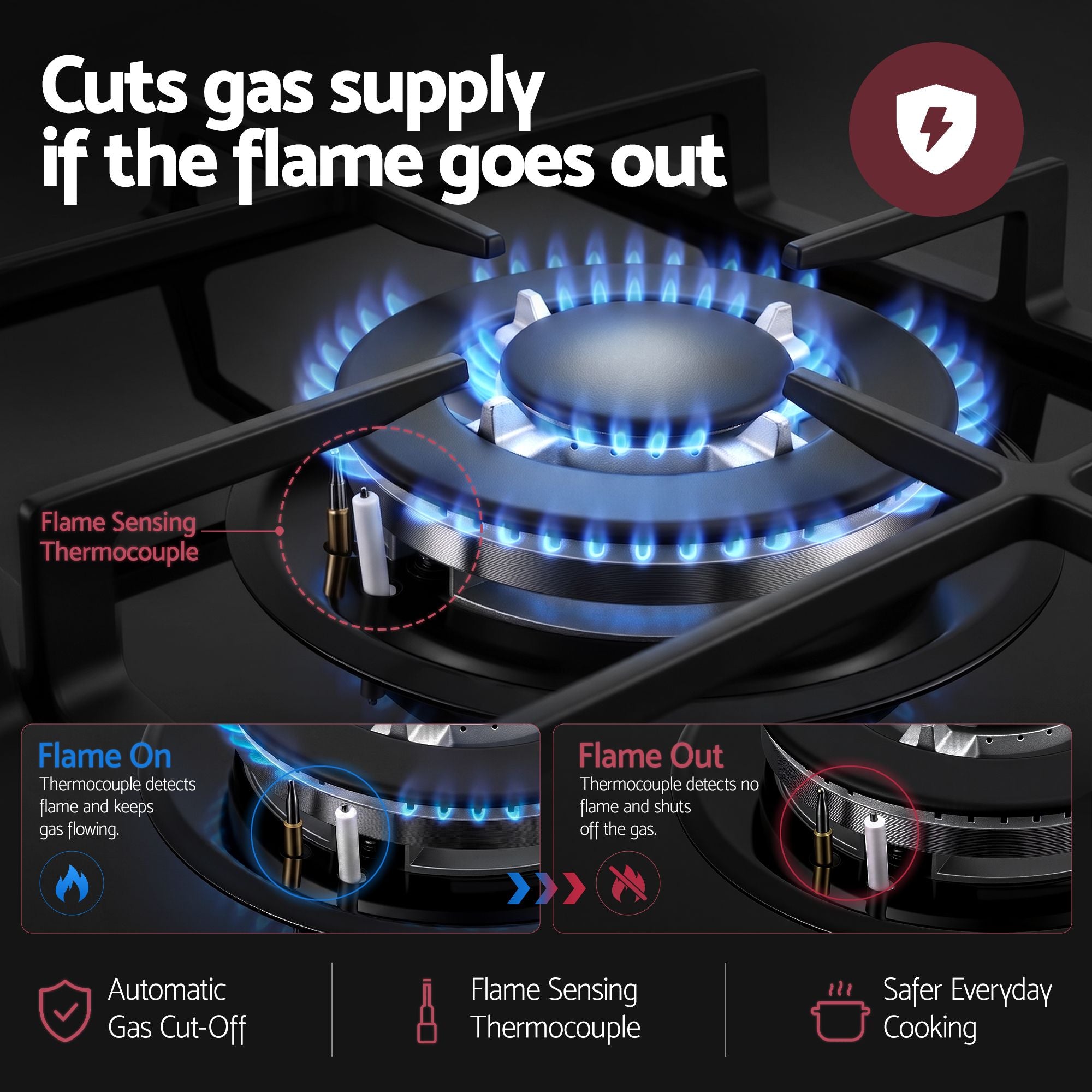 Devanti 59cm Gas Cooktop 3 Burner Knob Control Glass Hob Cast Iron Black