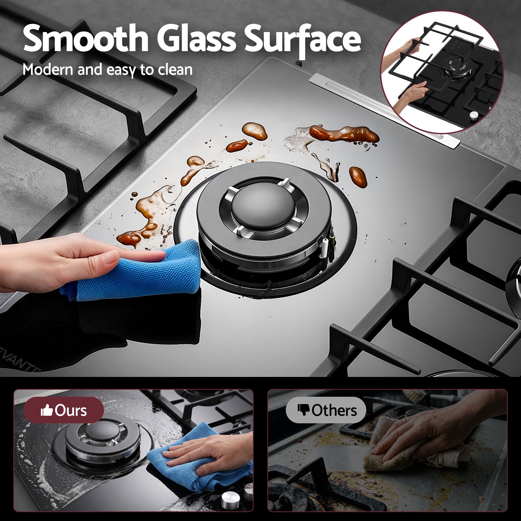 Devanti 59cm Gas Cooktop 3 Burner Knob Control Glass Hob Cast Iron Black