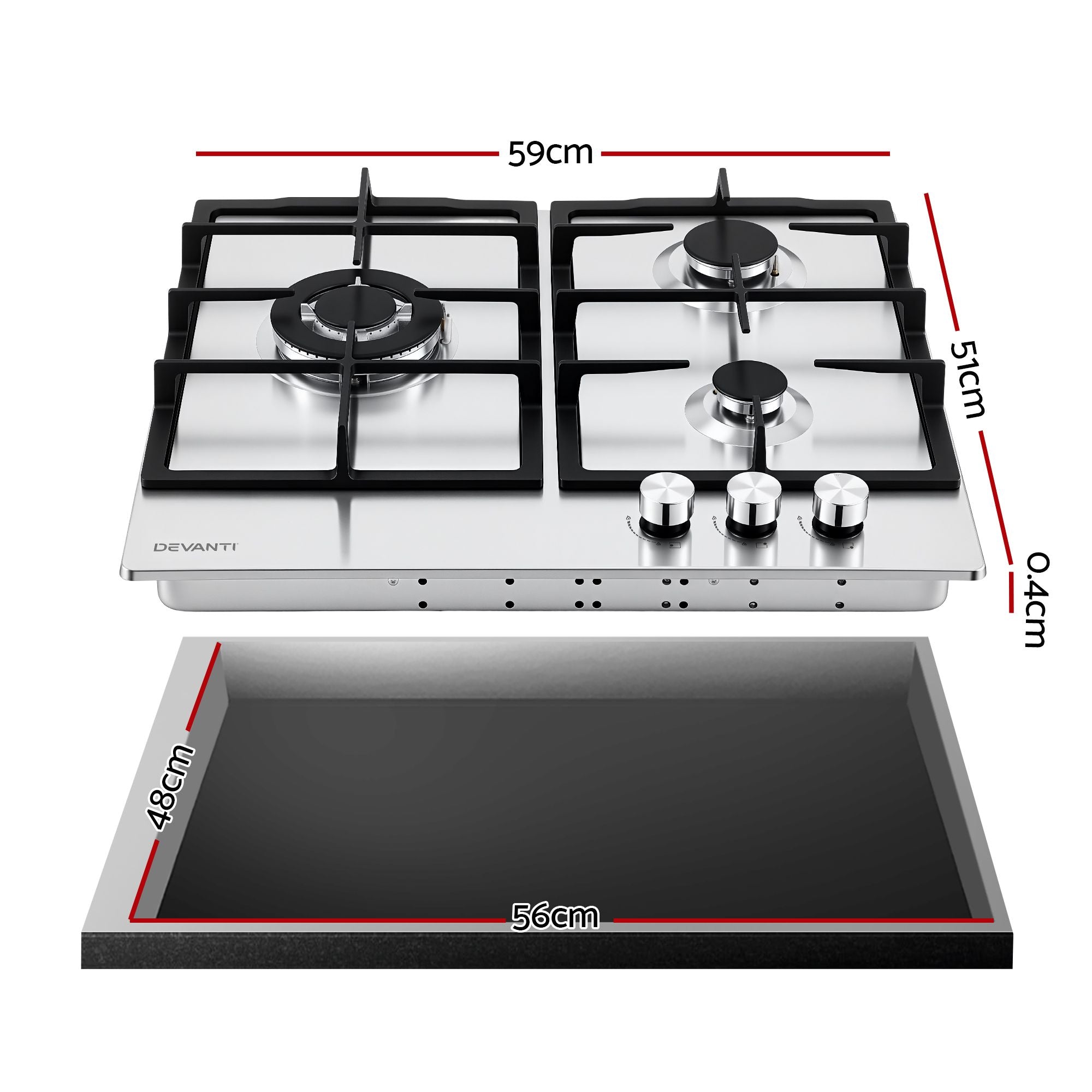 Devanti 59cm Gas Cooktop 3 Burner Knob Control Stainless Steel Hob Silver