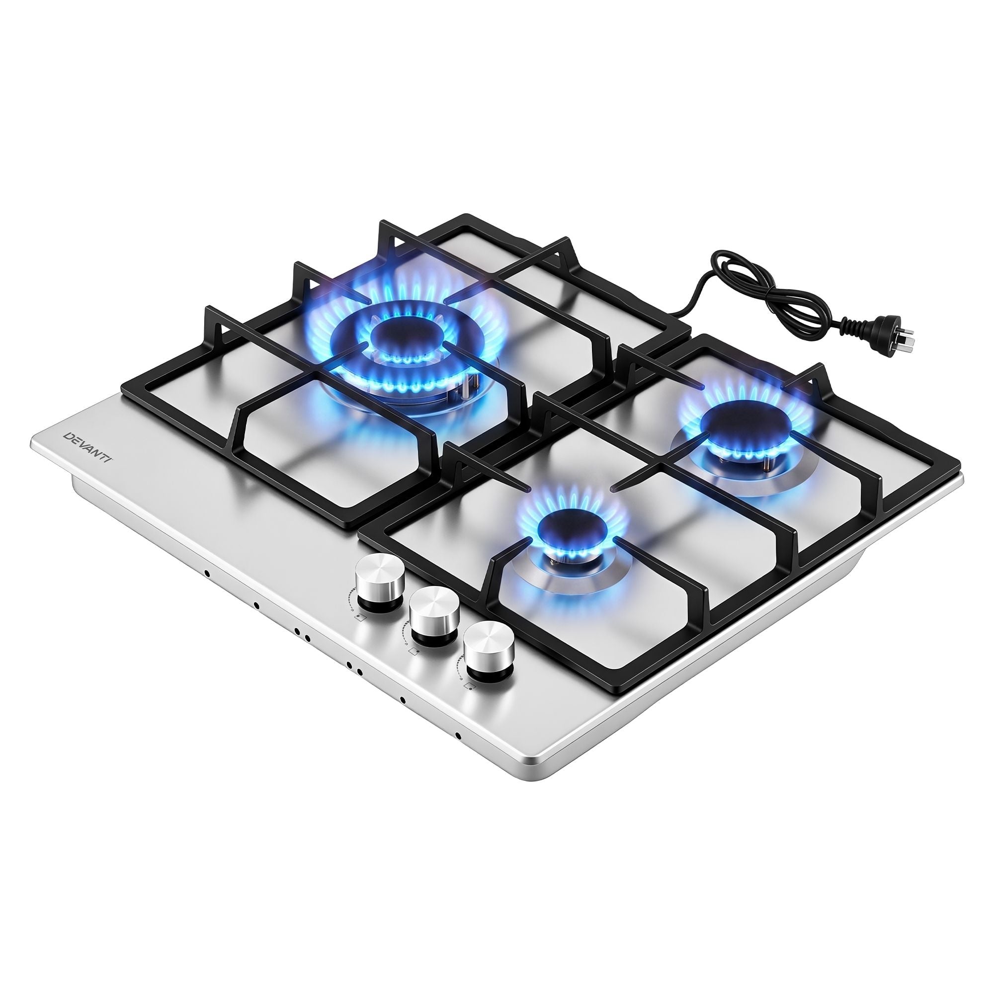 Devanti 59cm Gas Cooktop 3 Burner Knob Control Stainless Steel Hob Silver