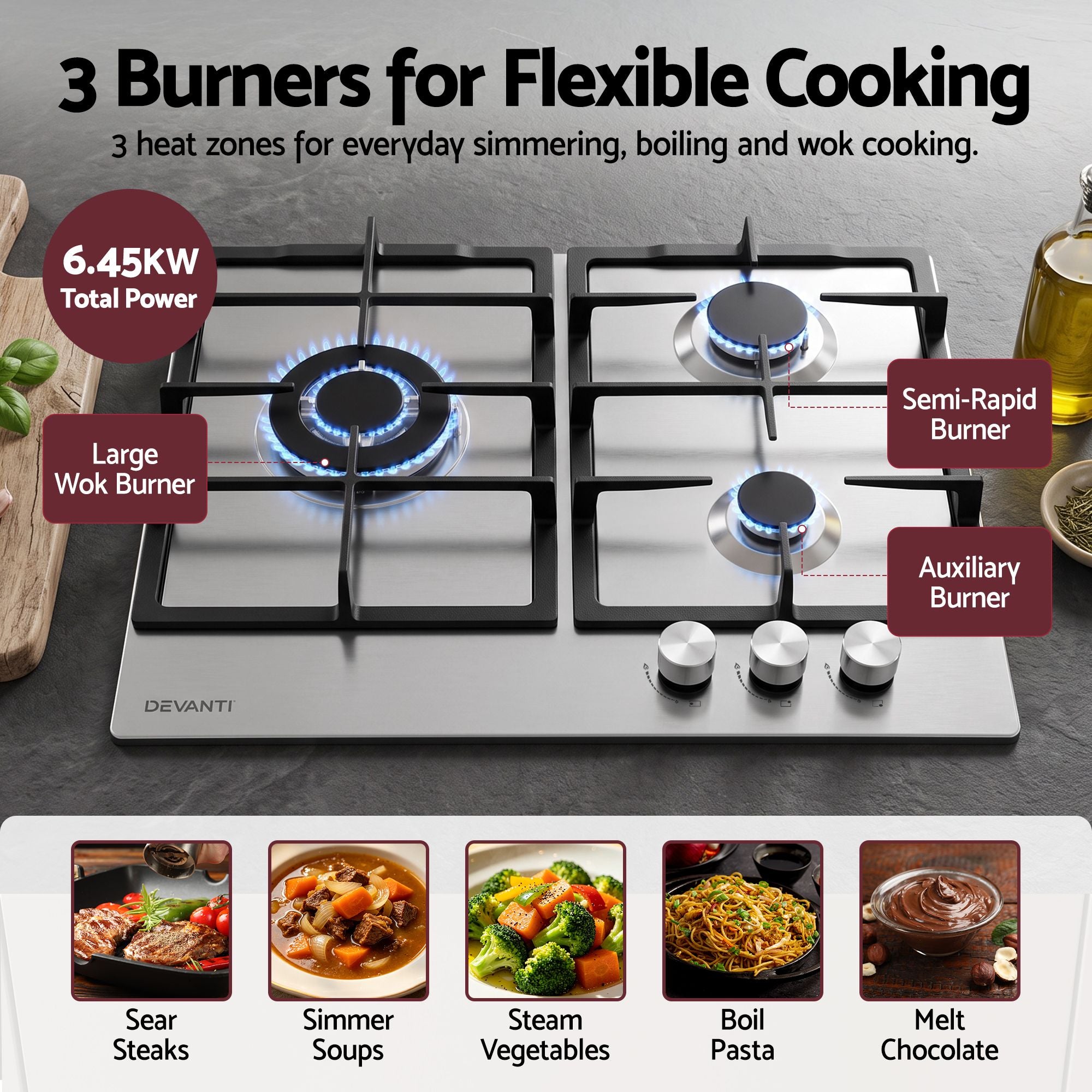 Devanti 59cm Gas Cooktop 3 Burner Knob Control Stainless Steel Hob Silver