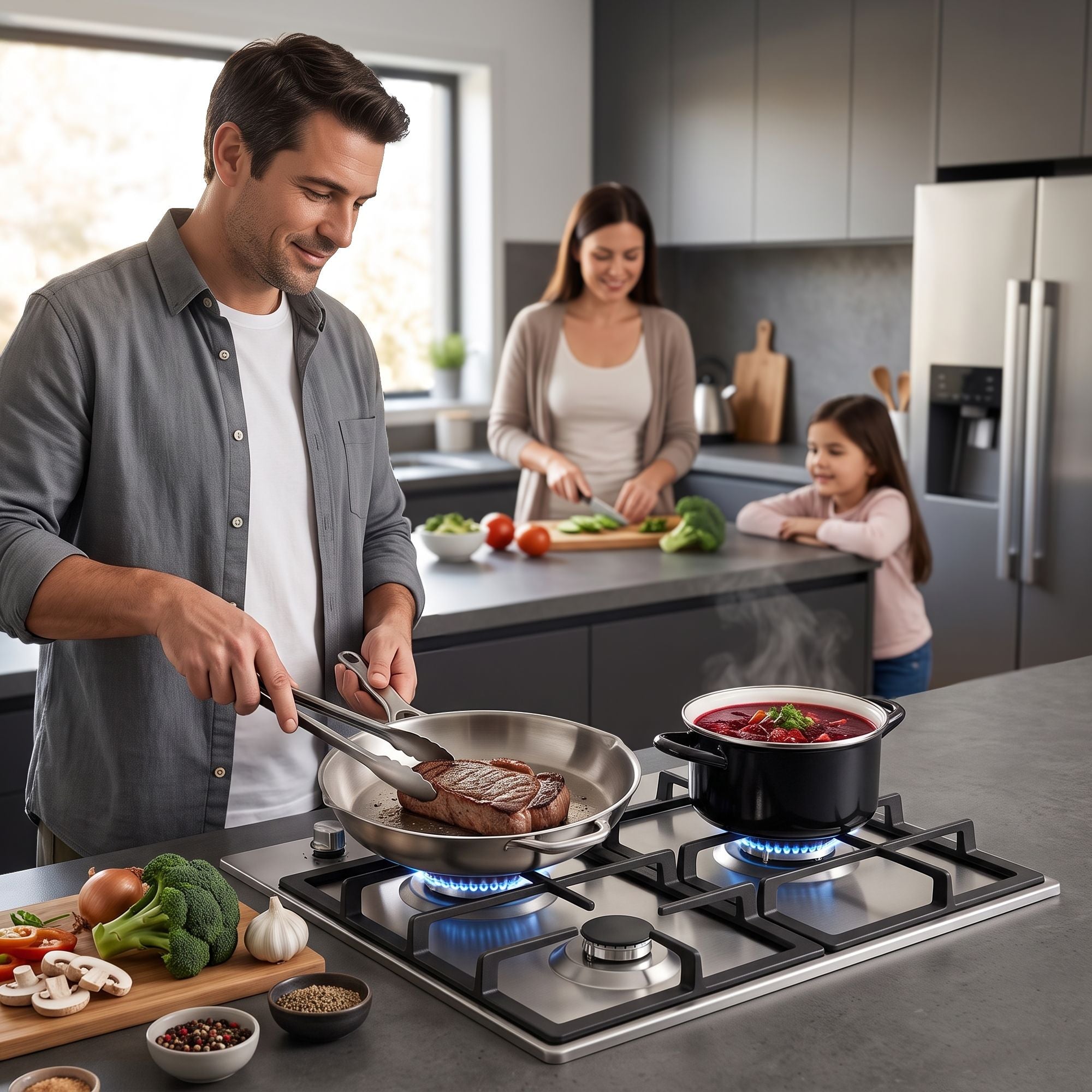 Devanti 59cm Gas Cooktop 3 Burner Knob Control Stainless Steel Hob Silver