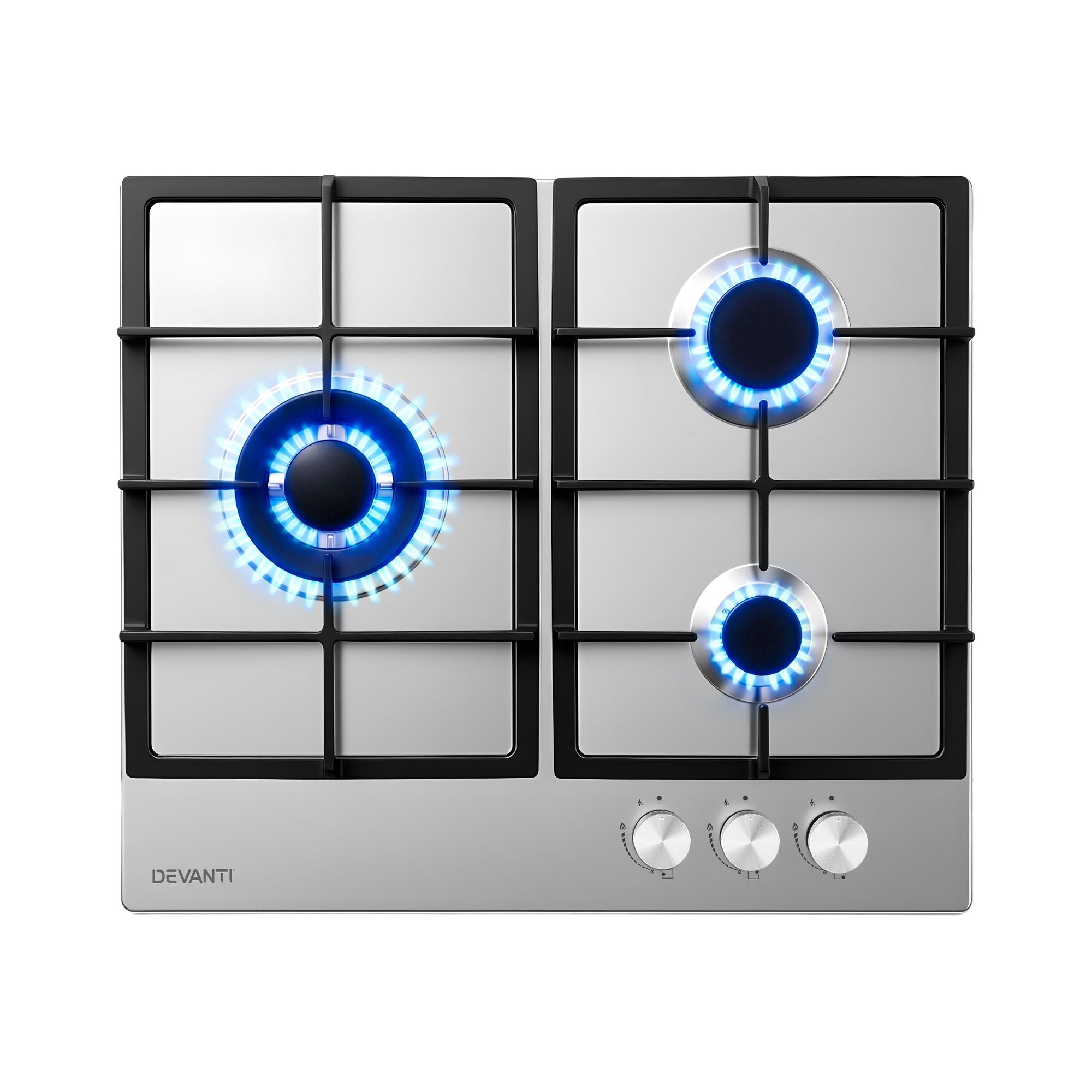 Devanti 59cm Gas Cooktop 3 Burner Knob Control Stainless Steel Hob Silver