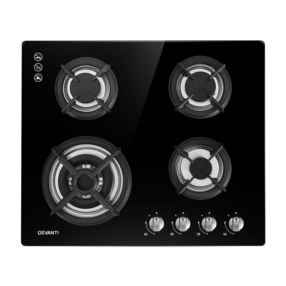 Cooktops & Stoves: Devanti Gas Cooktop 60cm 4 Burner Black