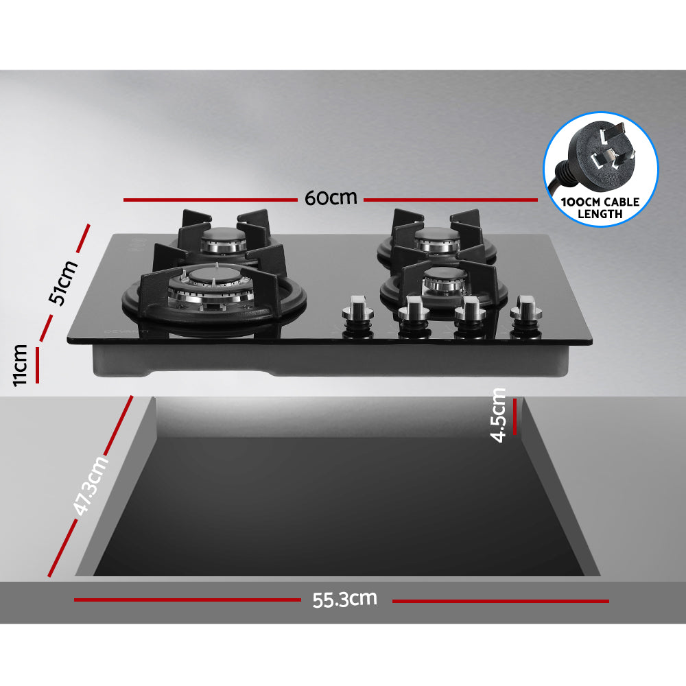 Cooktops & Stoves: Devanti Gas Cooktop 60cm 4 Burner Black