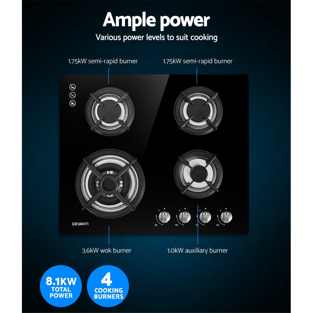 Cooktops & Stoves: Devanti Gas Cooktop 60cm 4 Burner Black