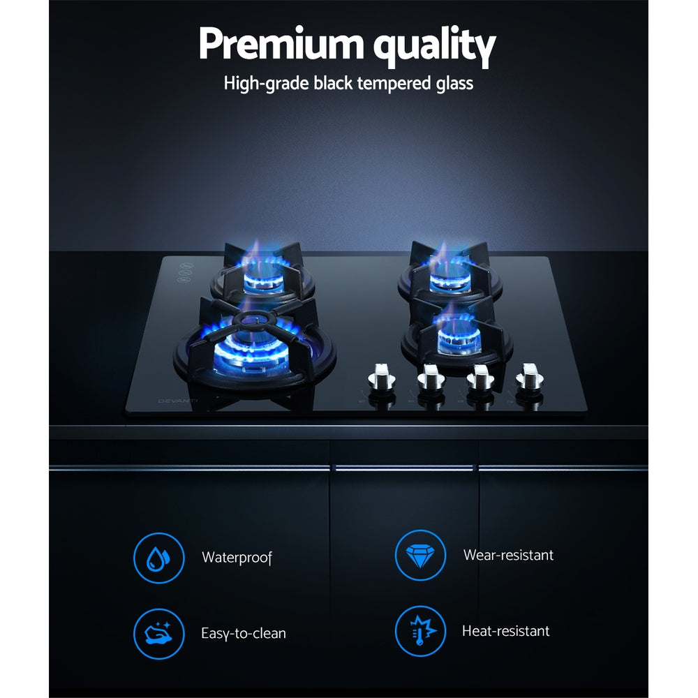 Cooktops & Stoves: Devanti Gas Cooktop 60cm 4 Burner Black