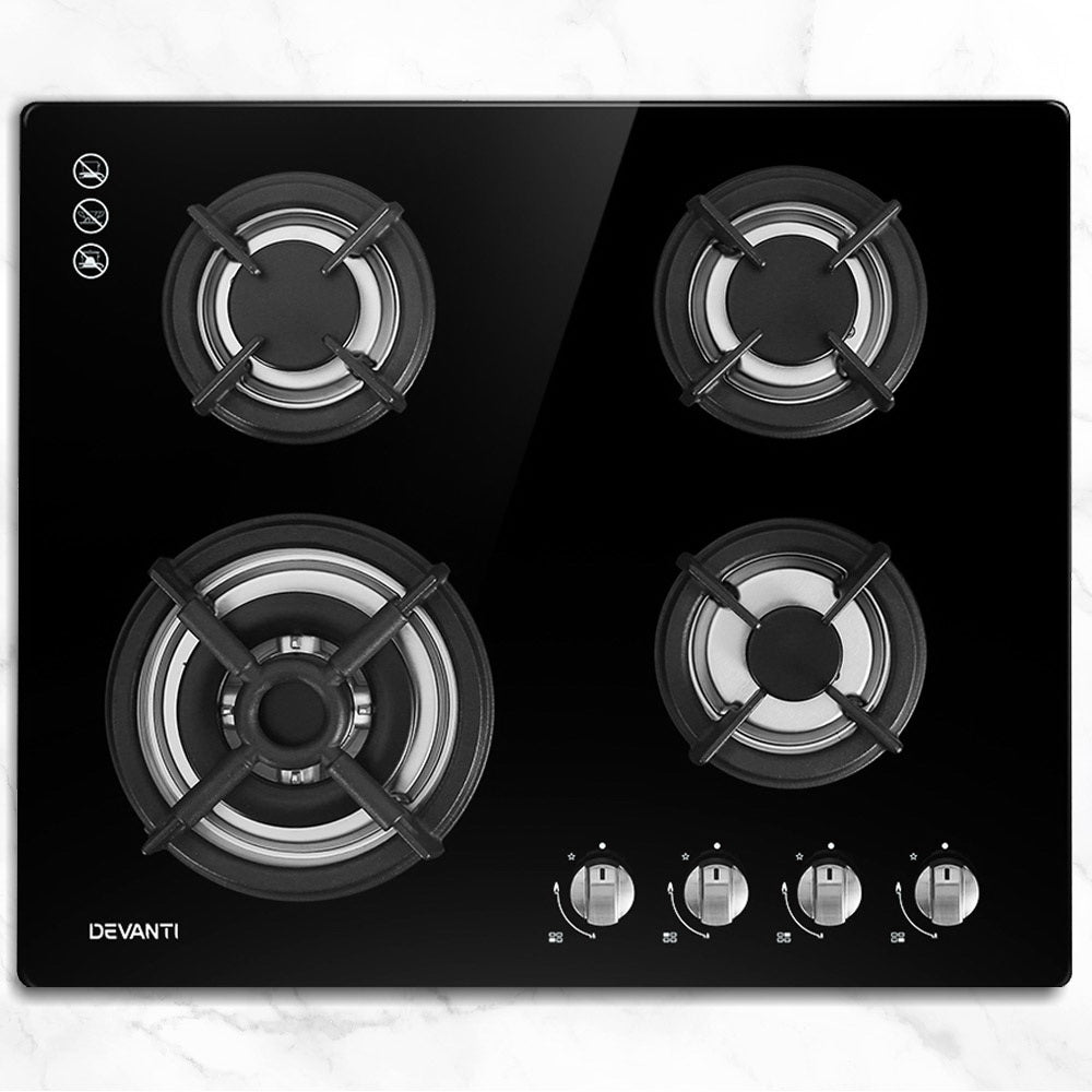 Cooktops & Stoves: Devanti Gas Cooktop 60cm 4 Burner Black
