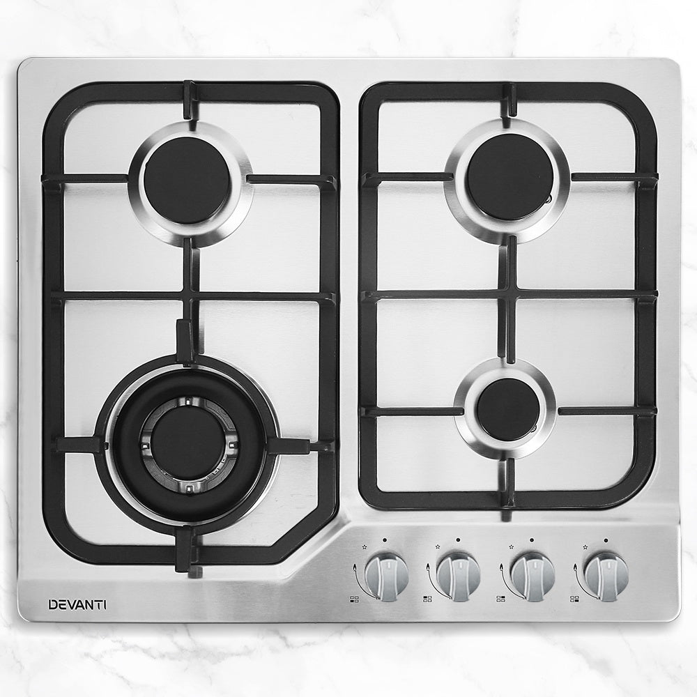 Cooktops & Stoves: Devanti Gas Cooktop 60cm 4 Burner Silvir